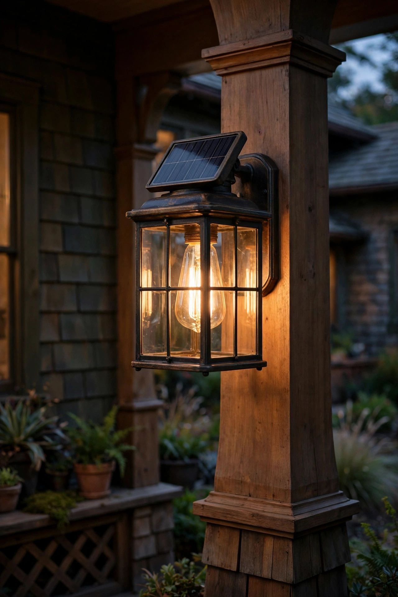 Vintage filament-style solar wall sconce with clear glass and warm Edison glow on a craftsman porch