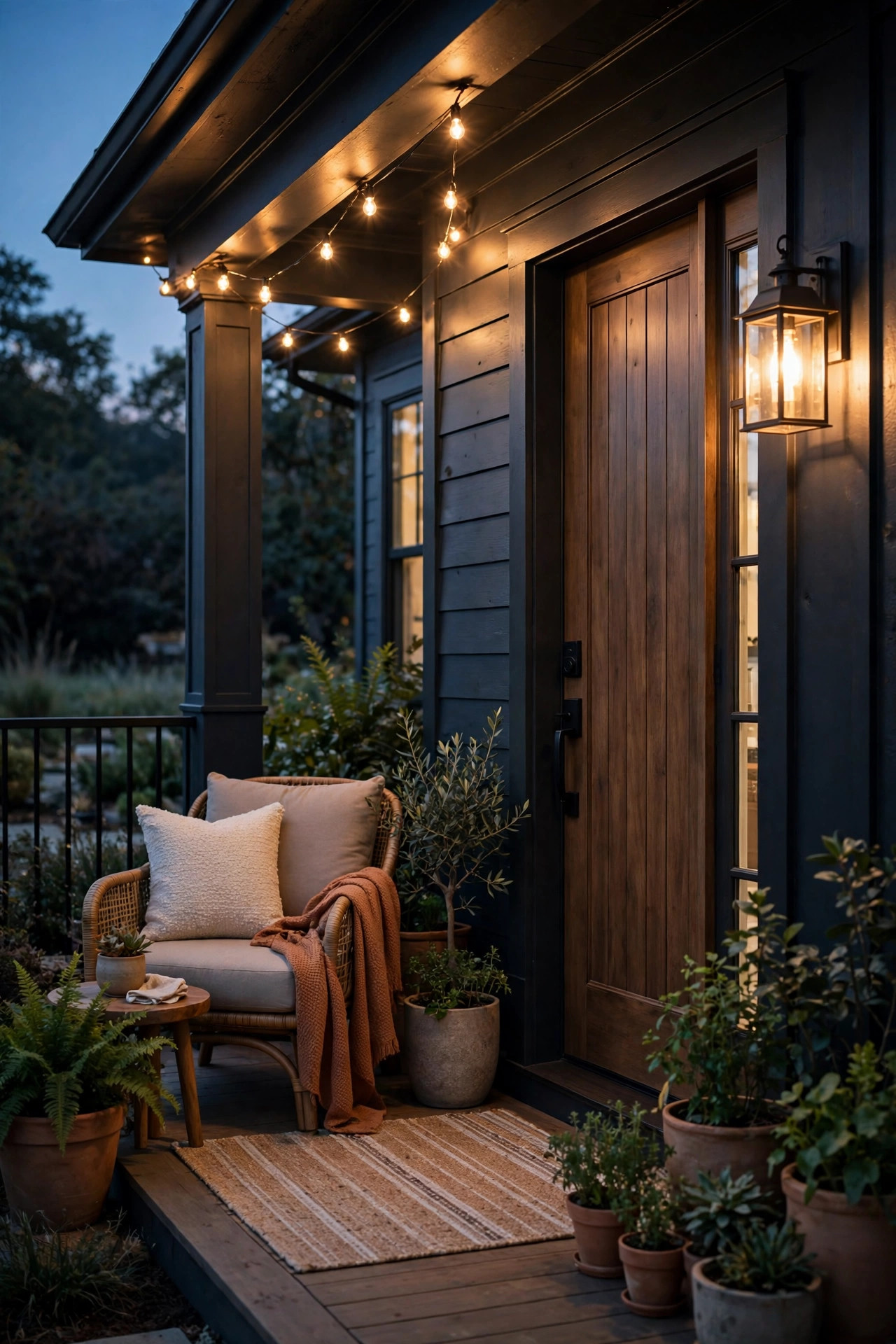 Beautifully finished front porch at dusk with a warm new lantern glowing beside the door, the result of a well-planned electrician installation