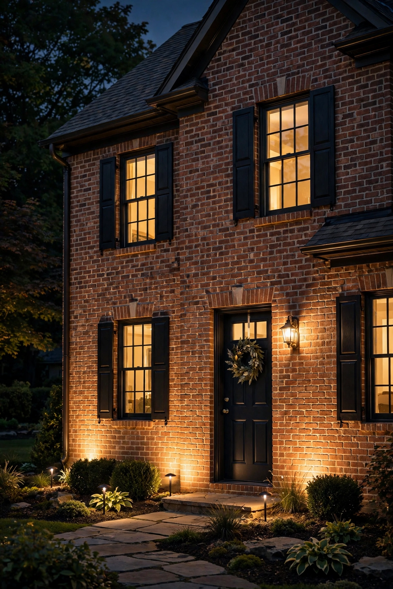 Finished wall washing exterior lighting glowing warmly across a brick home facade at night