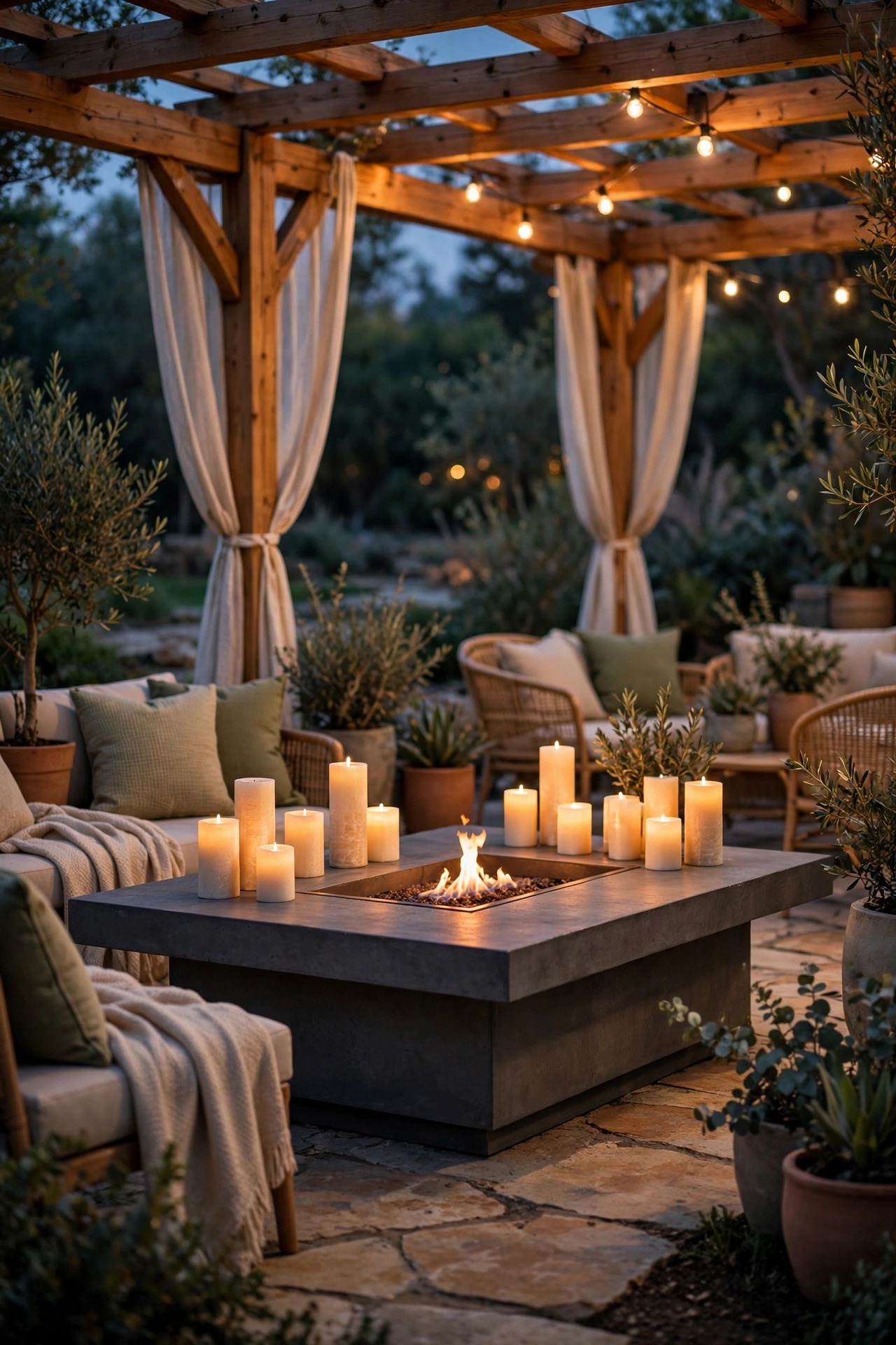 Fire pit table with a low flame surrounded by flameless candles at a pergola lounge