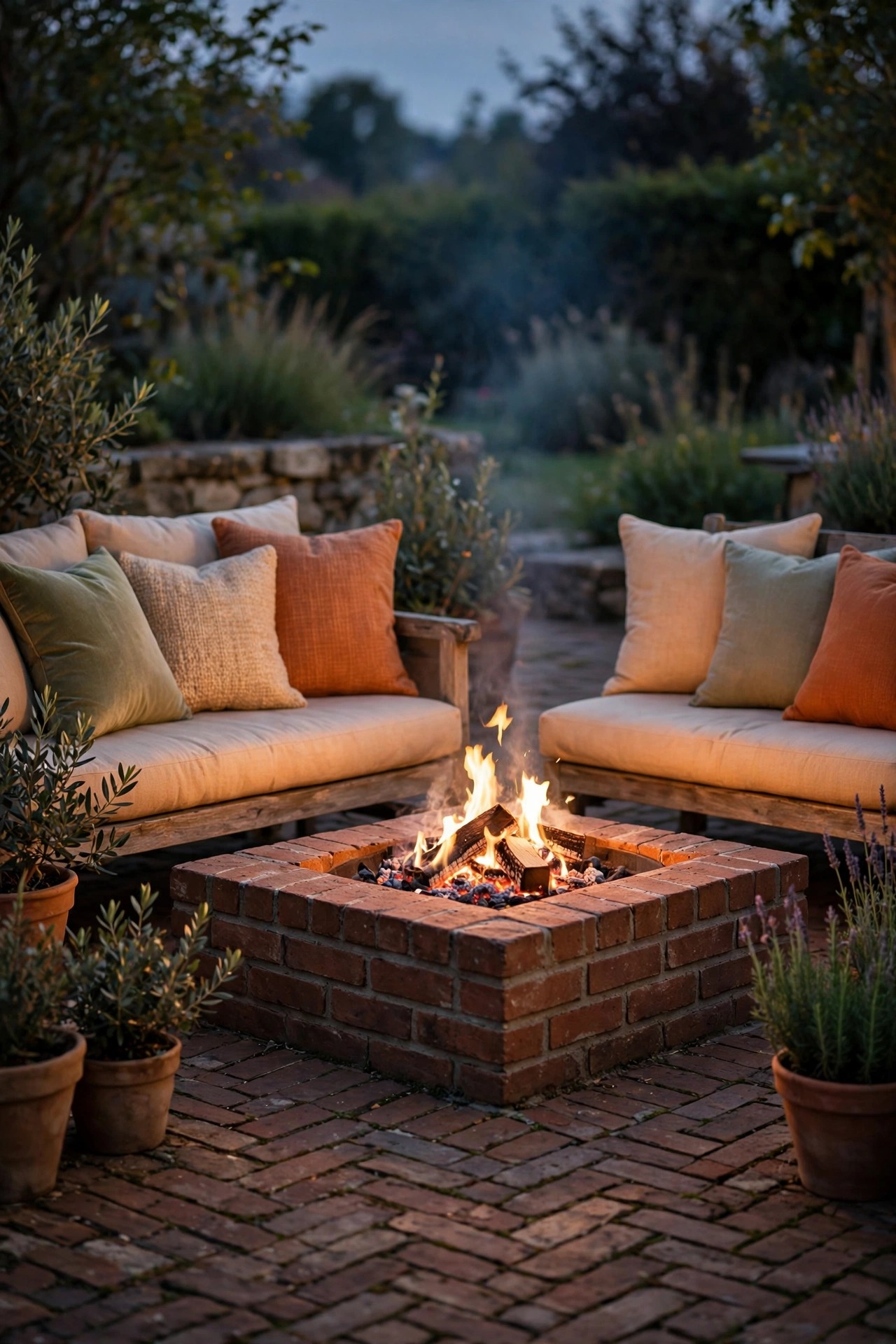 Brick fire pit with gentle flames surrounded by cushioned seating on a brick patio at dusk