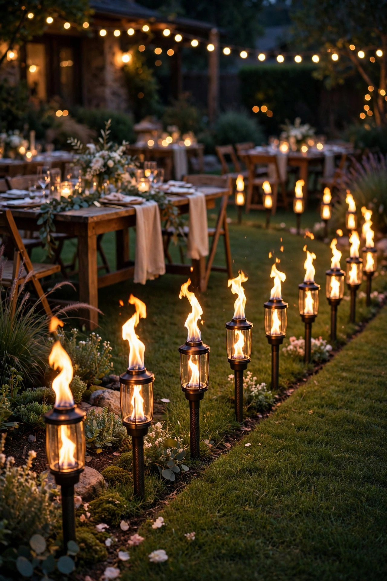 Solar flame effect torches flickering along the edge of a backyard wedding reception lawn at night