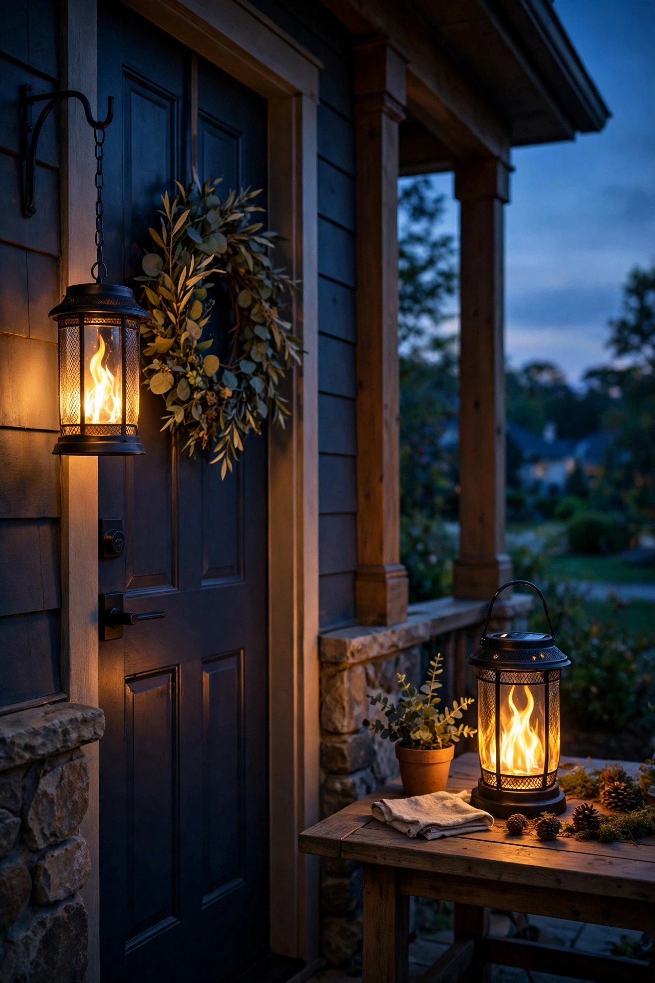 Flame effect solar lanterns with realistic flickering amber glow hanging beside a front door and on a porch table at dusk