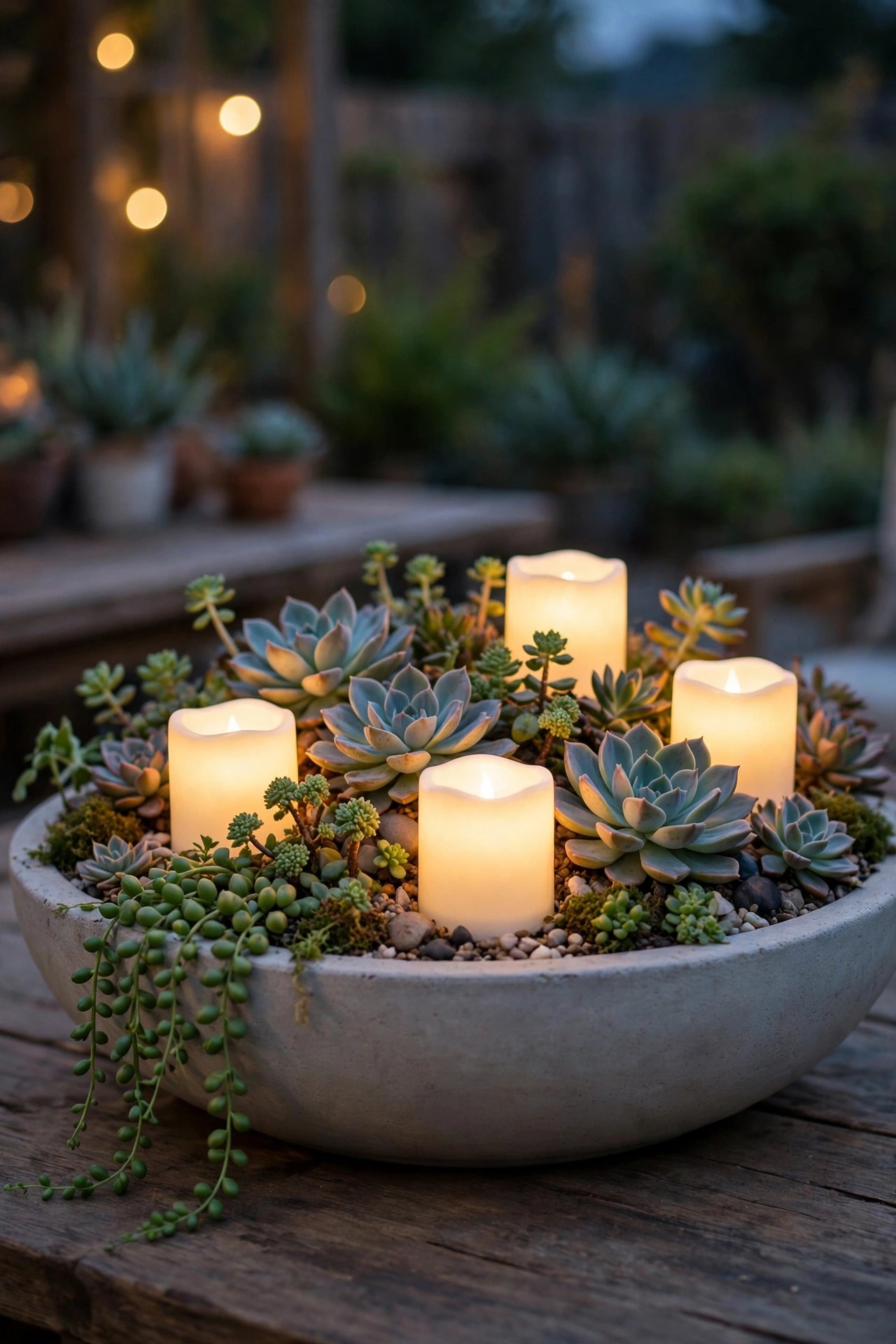 Low planter bowl with succulents and flameless LED candles glowing as a patio table centerpiece