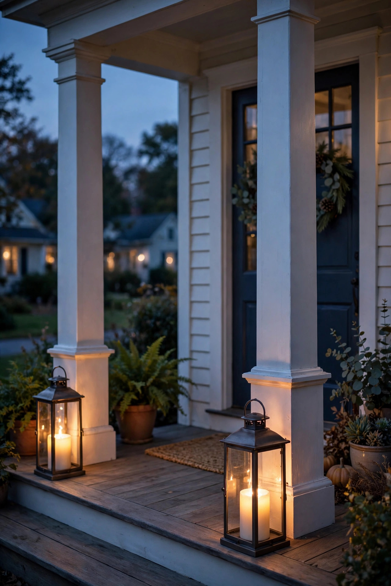 Hurricane lanterns with flameless candles glowing at the bases of porch columns