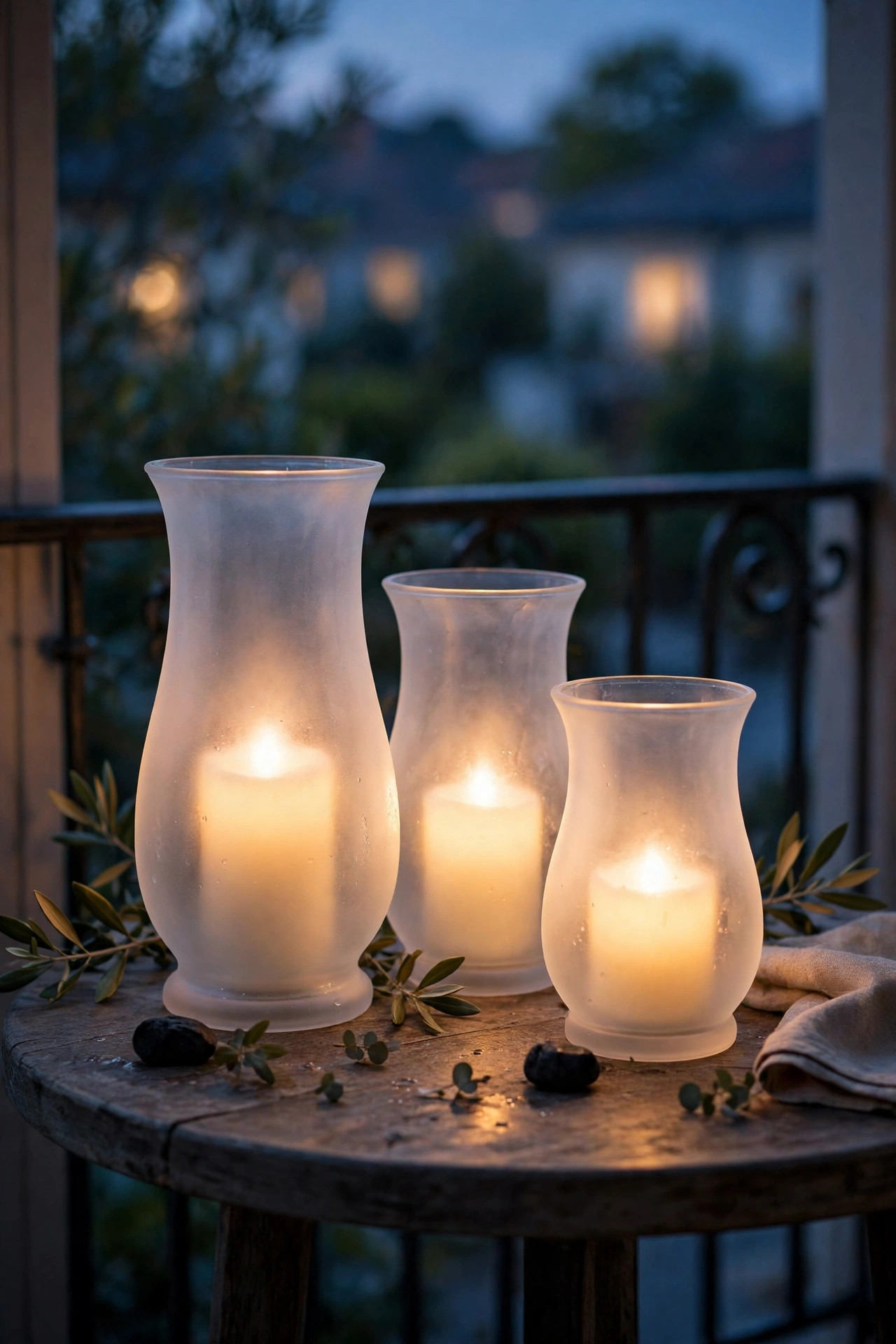 Frosted glass hurricanes with flameless candles glowing softly on a small balcony table at dusk creating a private pool of light