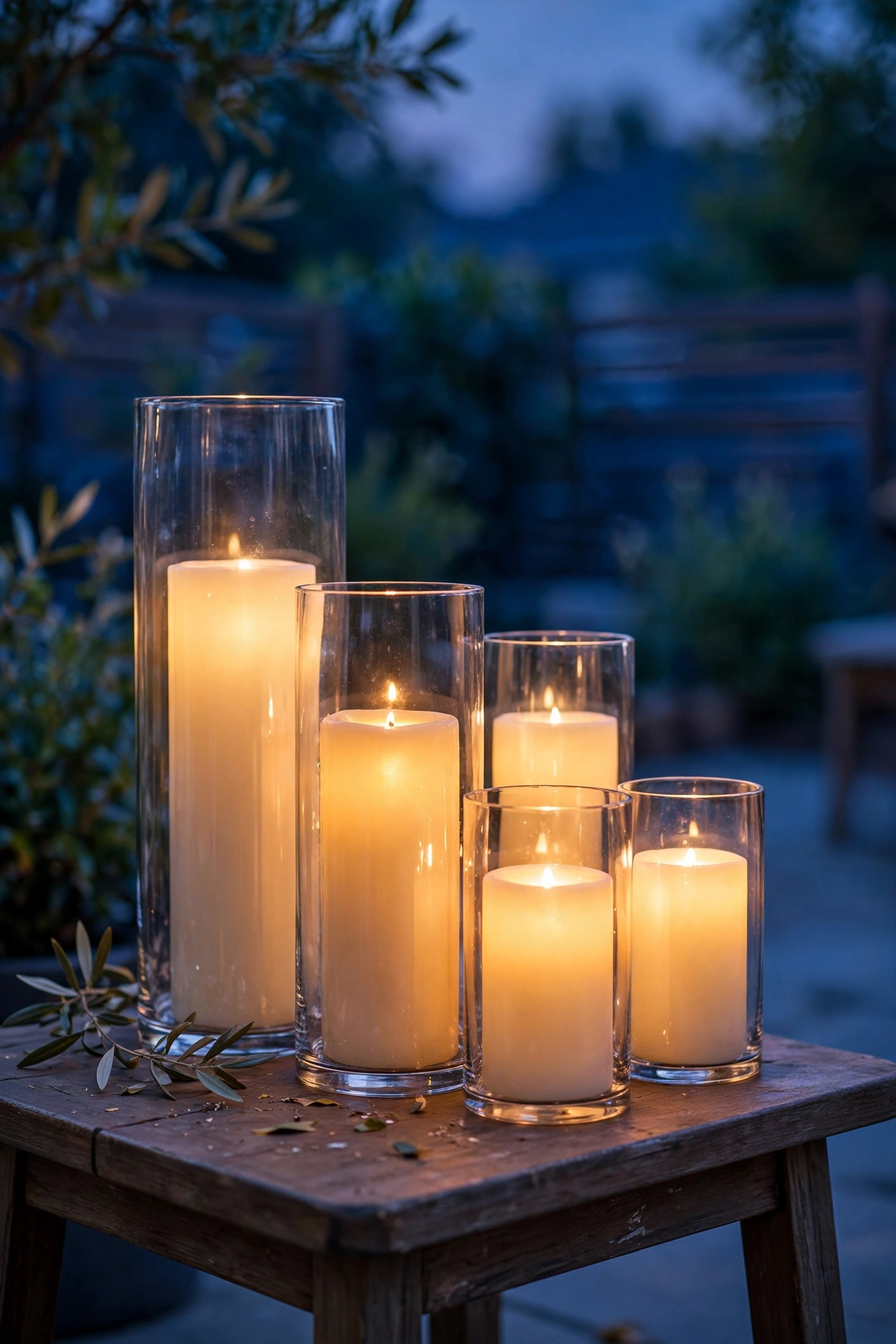 Flameless pillar candles in tall glass cylinders glowing on a patio table at dusk