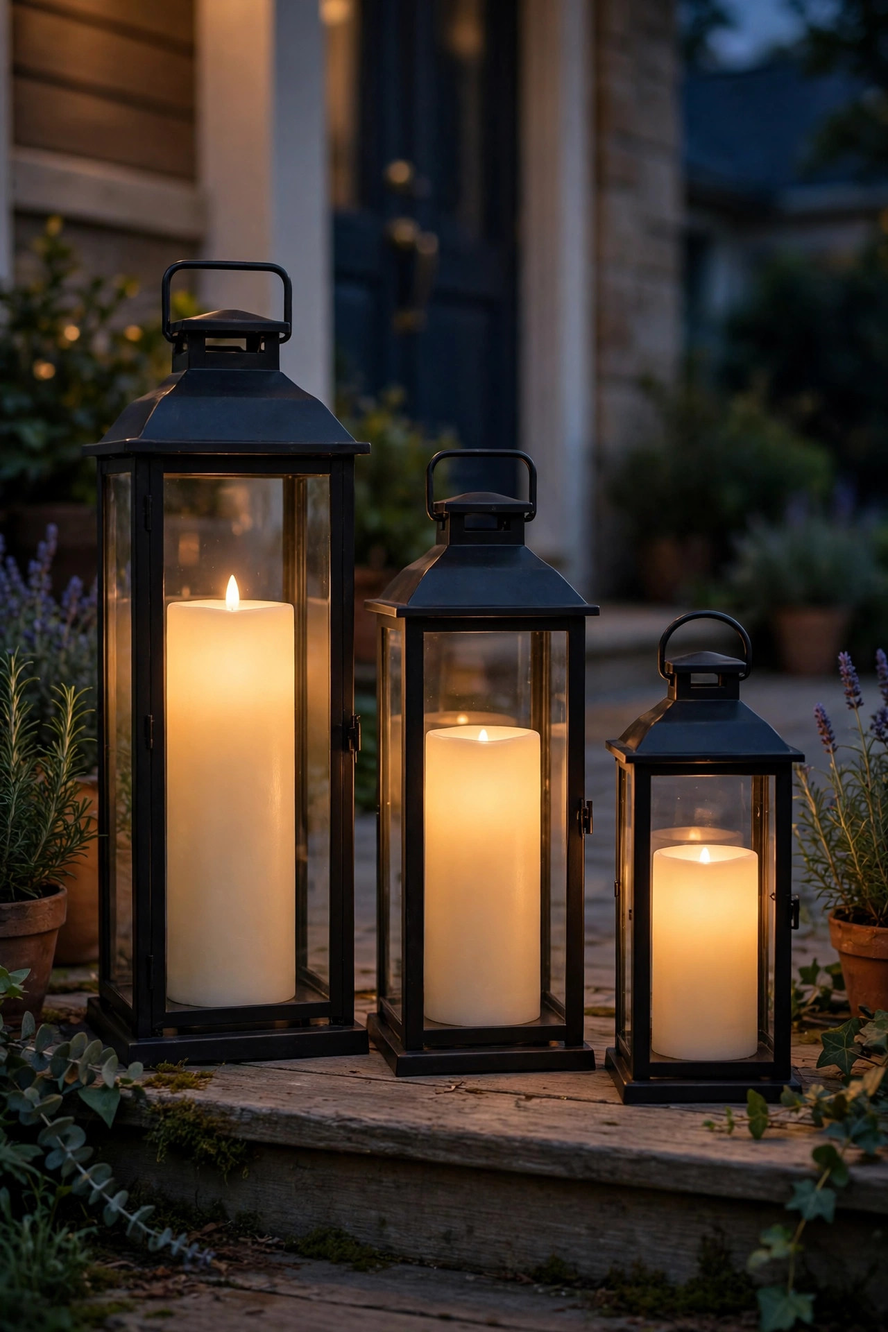 Flameless LED pillar candles of staggered heights glowing inside porch lanterns at night