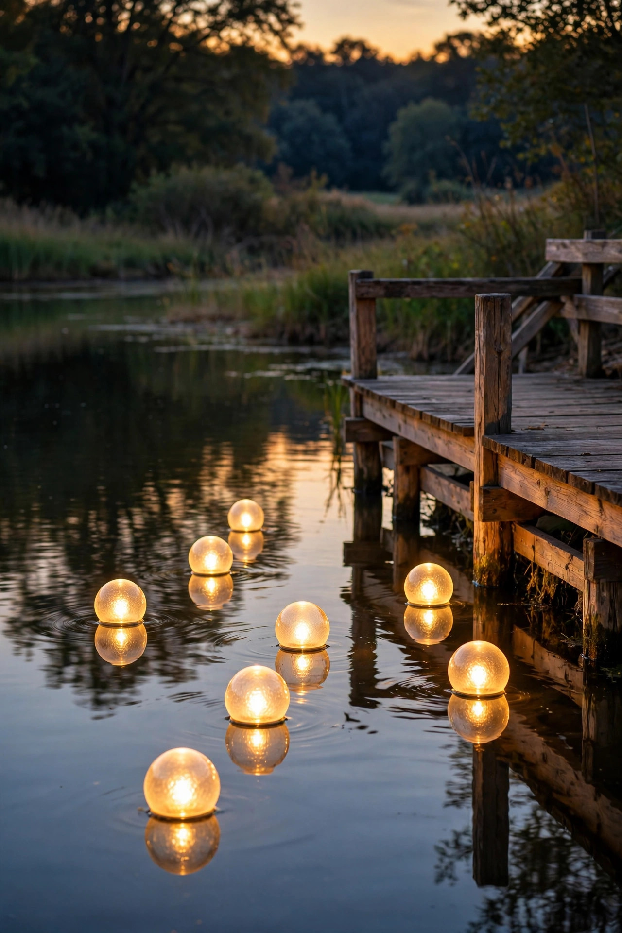 Glowing solar globe lights floating on calm water beside a wooden dock at dusk with warm reflections