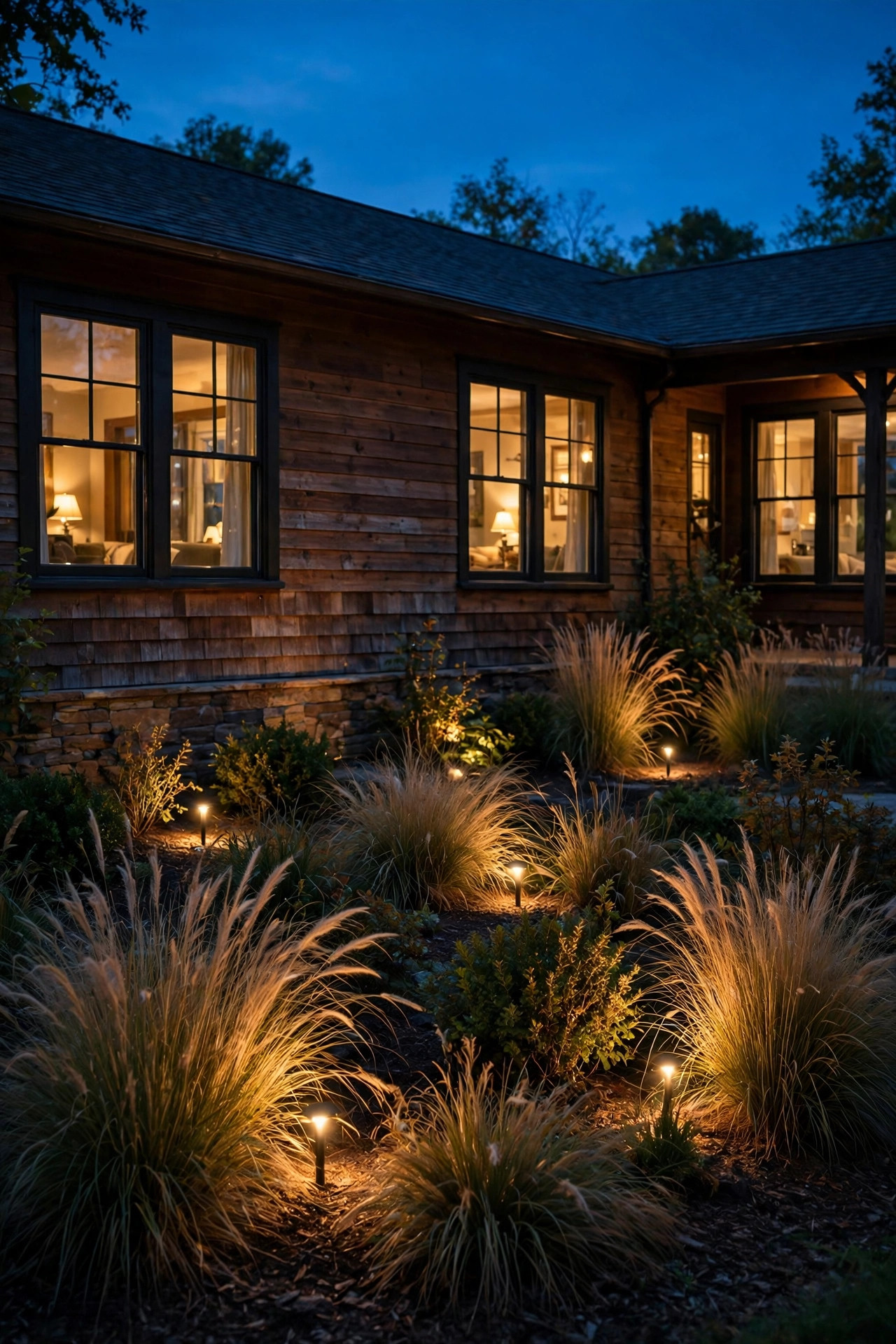 Small accent spotlights glowing up through foundation shrubs and ornamental grasses along a ranch home