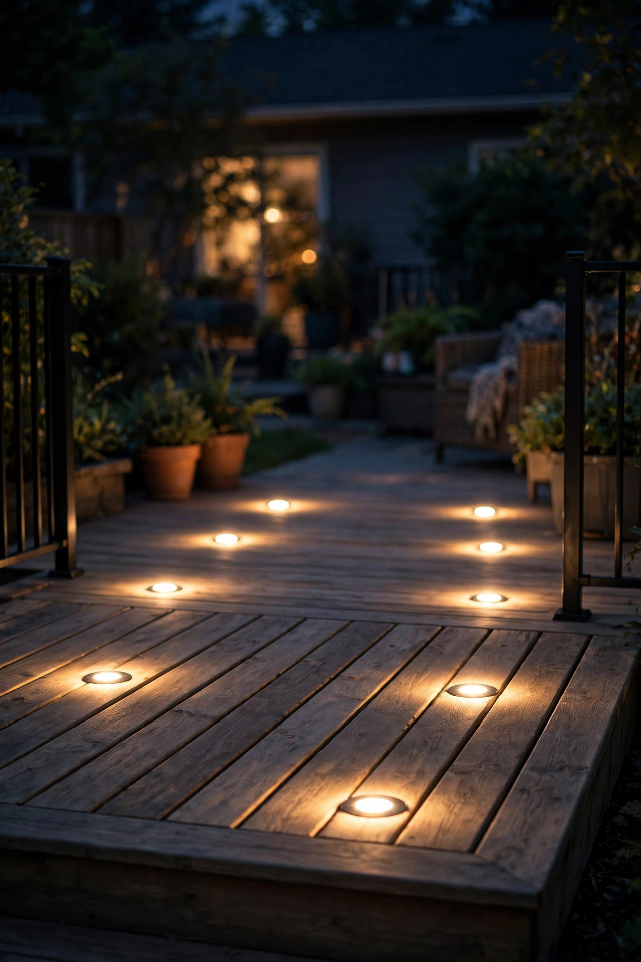 Flush in-deck lights glowing on a wooden deck landing at night