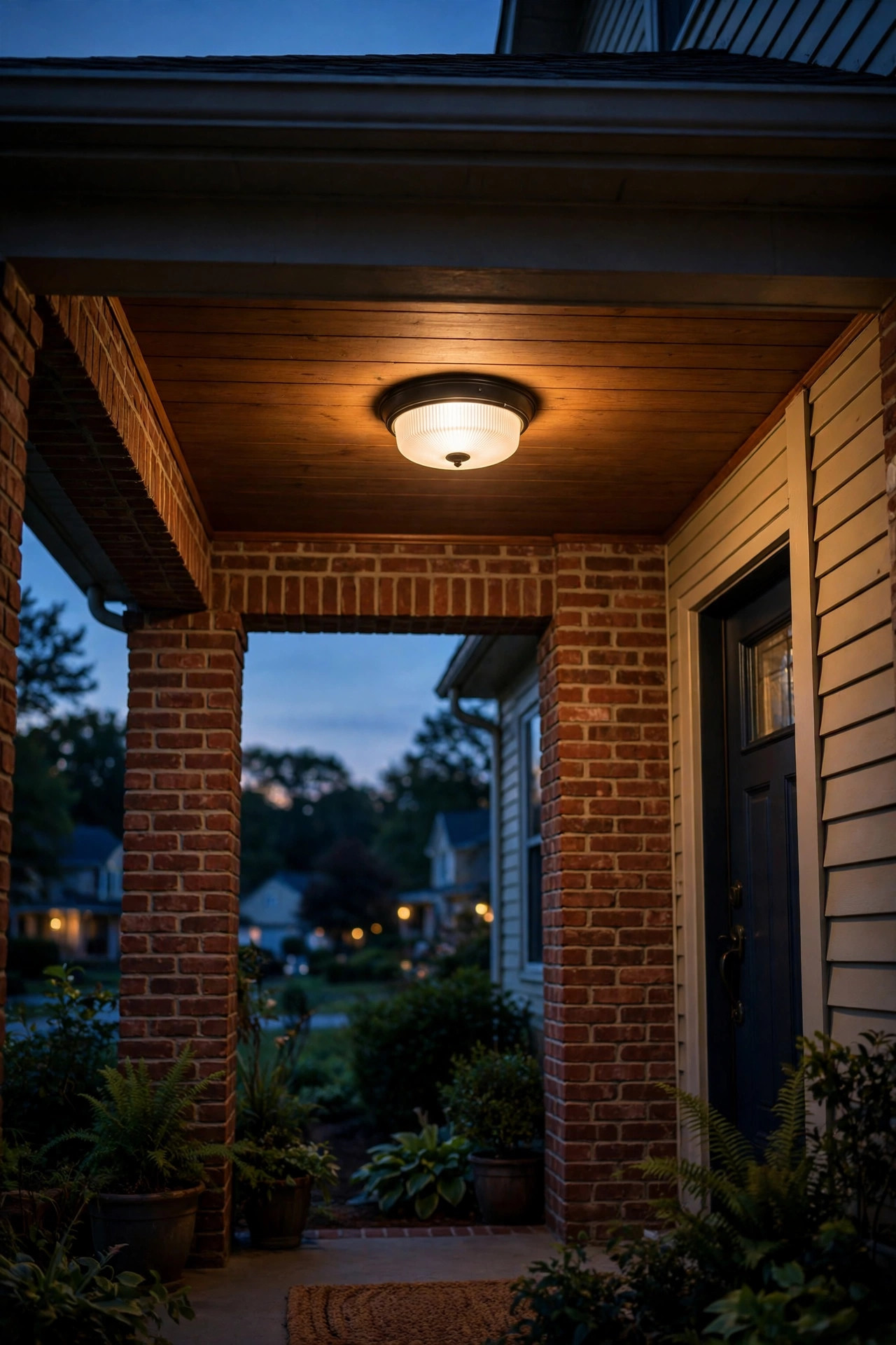 Flush mount ceiling fixture glowing softly on a low brick porch ceiling in the evening