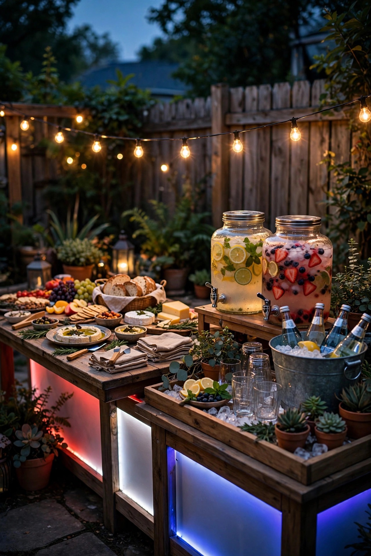Buffet and drink station lit by a low strand of cafe string lights at a backyard party