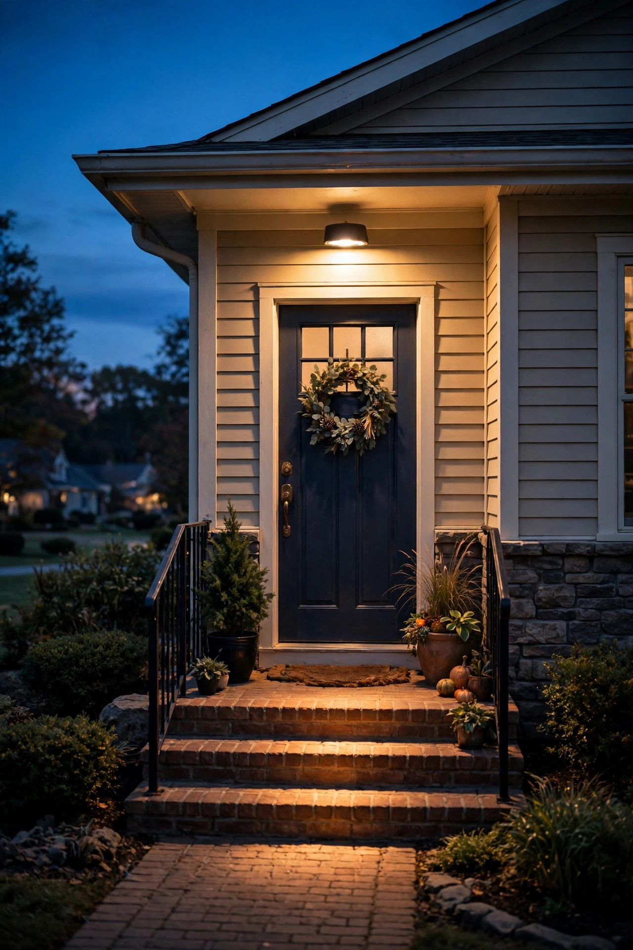 Warm dusk-to-dawn flood light above a front entry door with softly lit walkway and steps