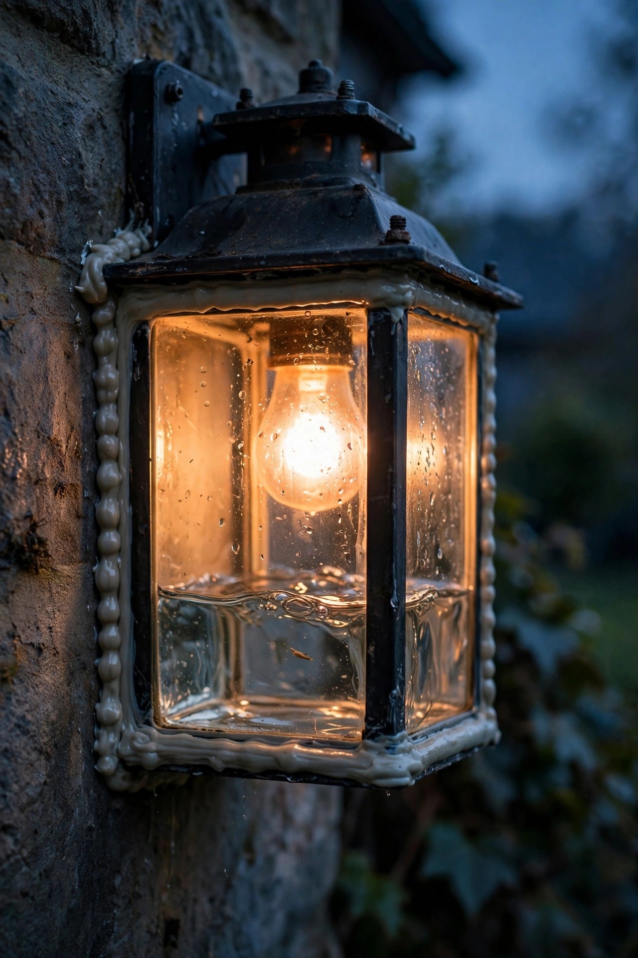 Outdoor wall lantern sealed with caulk on all sides including the bottom, water pooled visibly inside the glass
