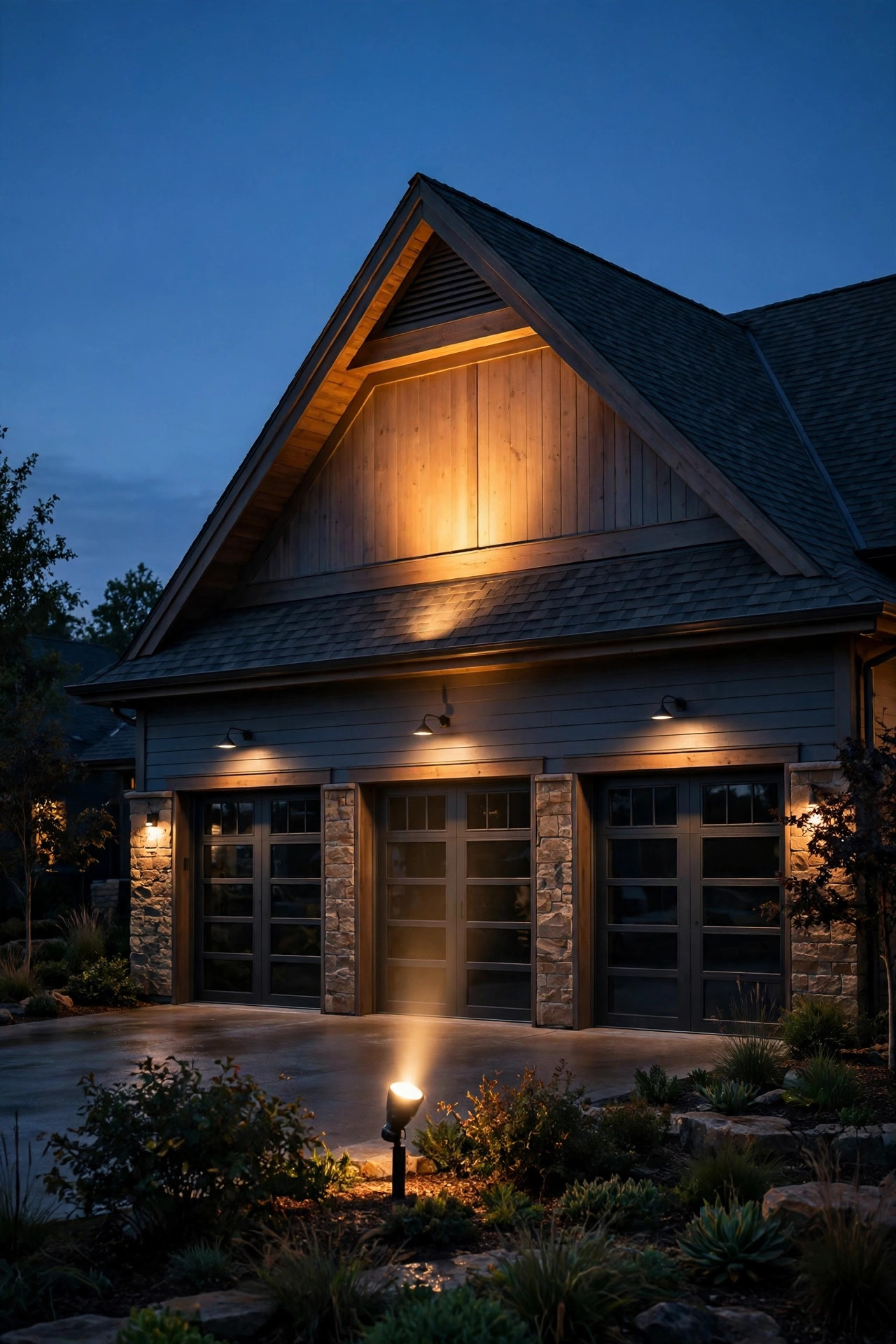 Warm spotlight illuminating the gable peak above a three-car garage on a house at dusk