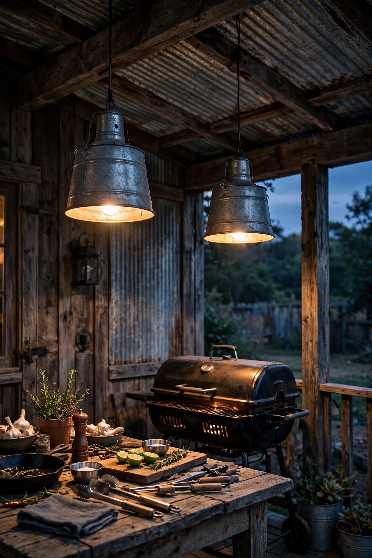 Galvanized metal bucket pendant lights over a farmhouse porch grilling station