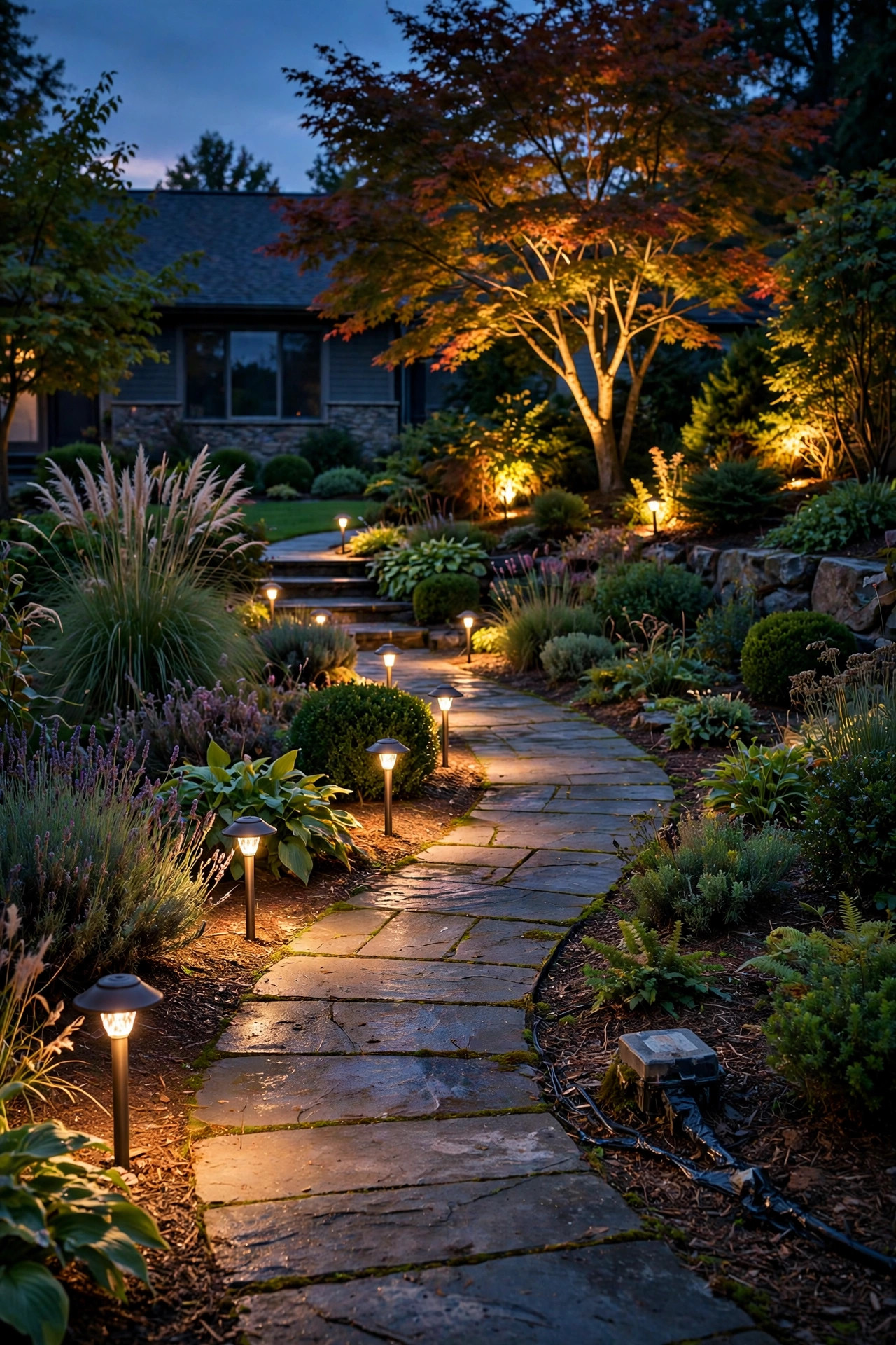 Front garden at dusk with evenly glowing low-voltage path lights and uplights after a full season on repaired wire splices