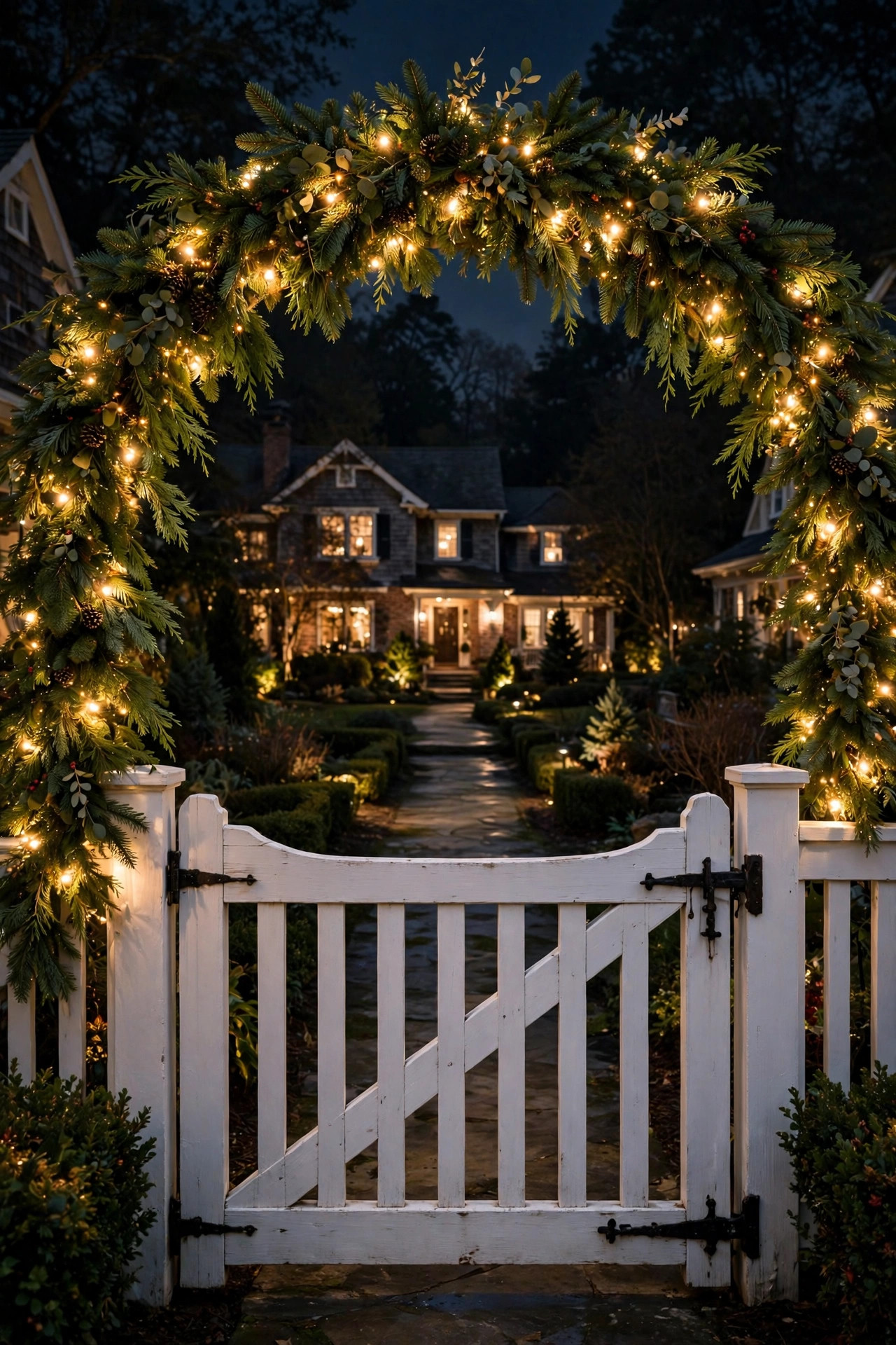 Pre-lit garland arch over a front garden gate glowing warmly at night