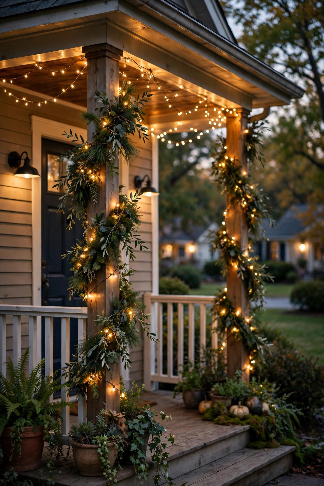 Porch posts wrapped with greenery garland and warm fairy lights on an open-air porch