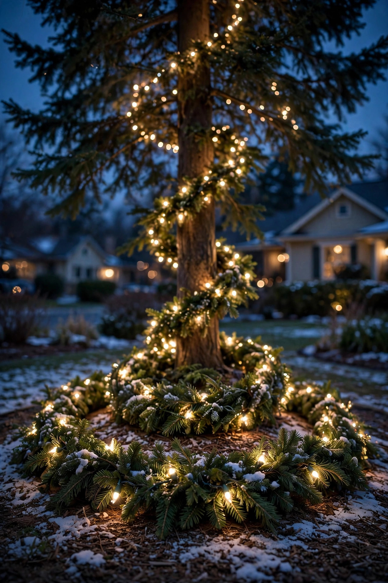 Lighted garland swirled around the base of an outdoor Christmas tree at night