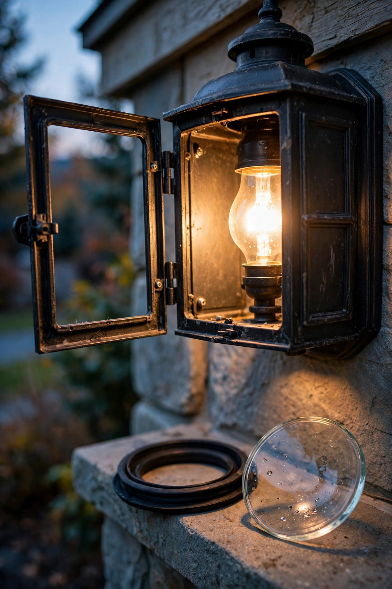 Close-up of an open exterior wall lantern during a seasonal maintenance check, fresh rubber gasket and cleaned glass lens resting beside it