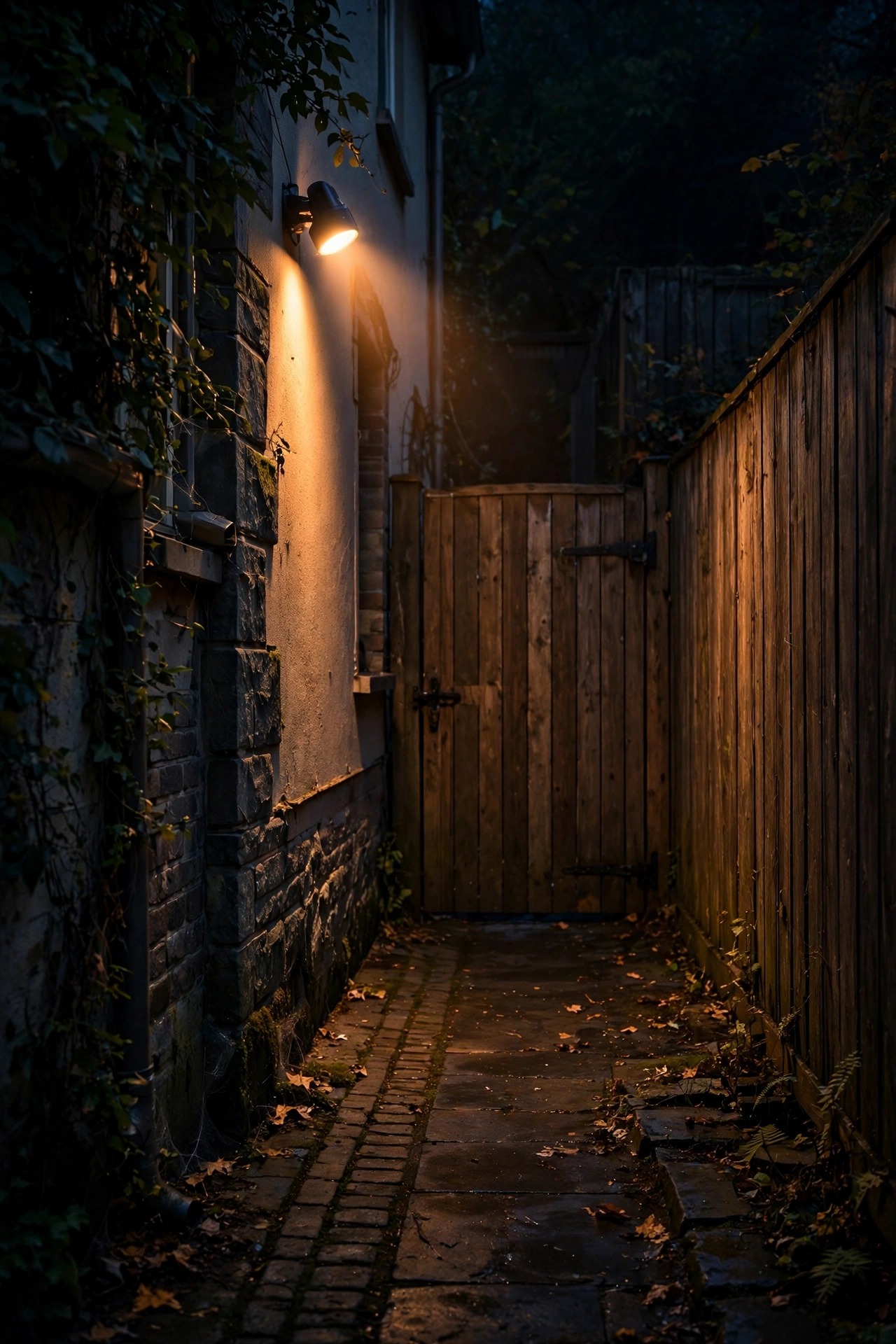 Narrow side passage beside a house lit by a focused motion sensor spotlight near a wooden gate at night