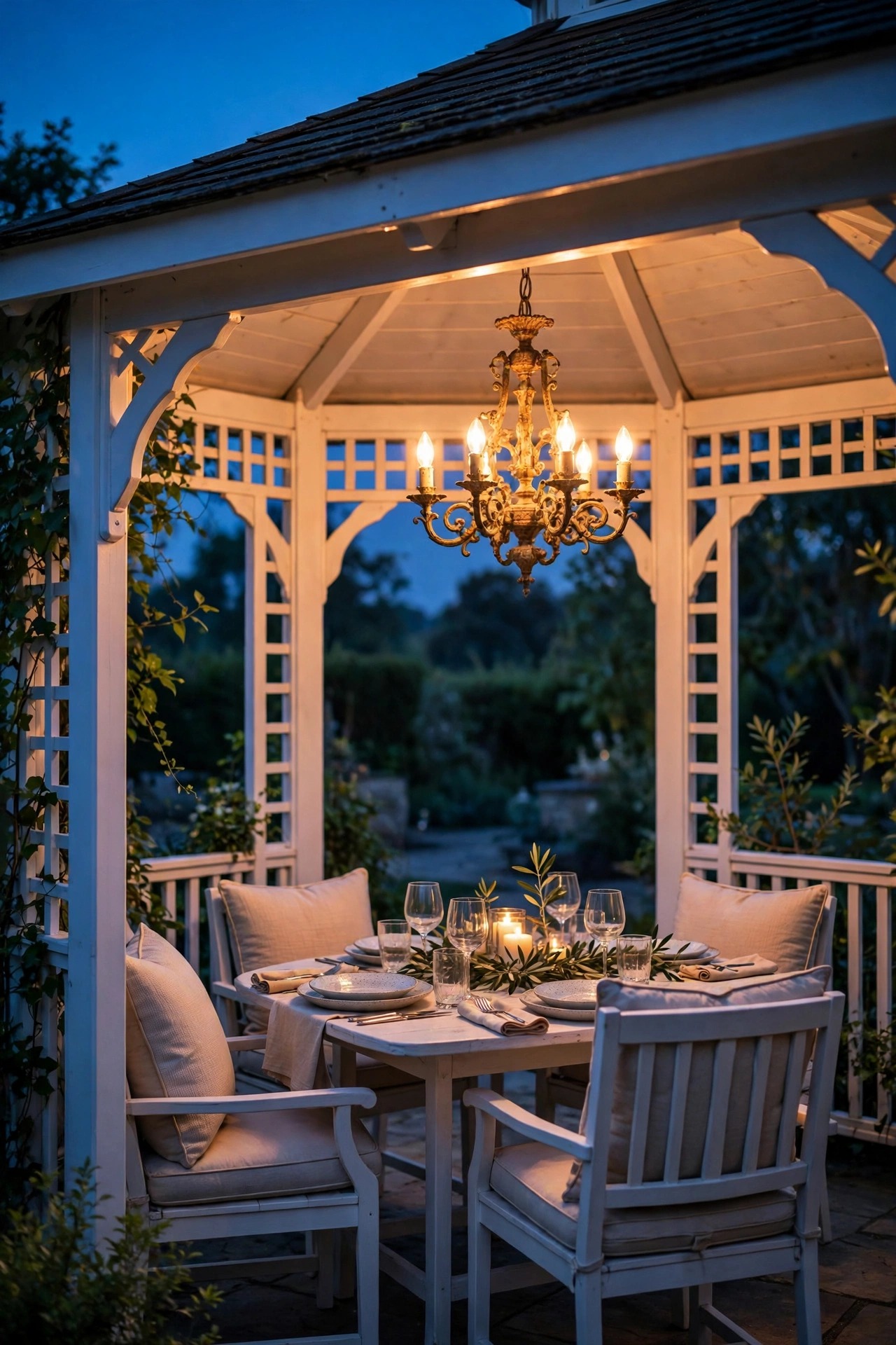 White garden gazebo at dusk with an ornate outdoor chandelier glowing warm over a set table and cushioned chairs