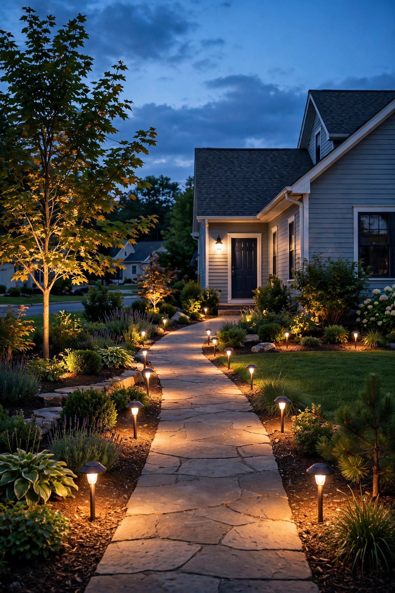 Fully repaired landscape lighting system glowing warmly across a suburban front yard and walkway at dusk