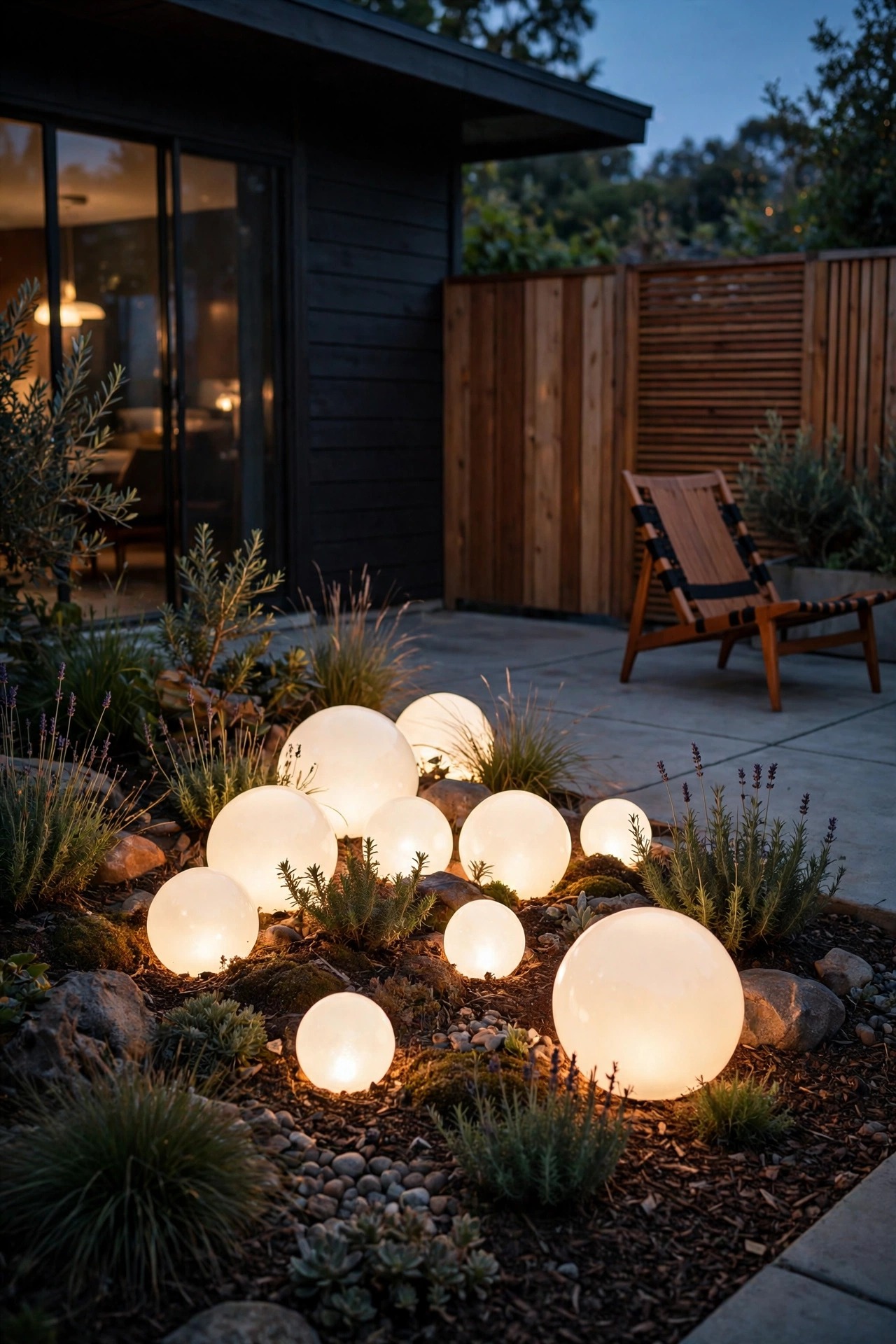 Cluster of glowing white ground globe orbs of different sizes in a planting bed beside a mid-century patio at dusk
