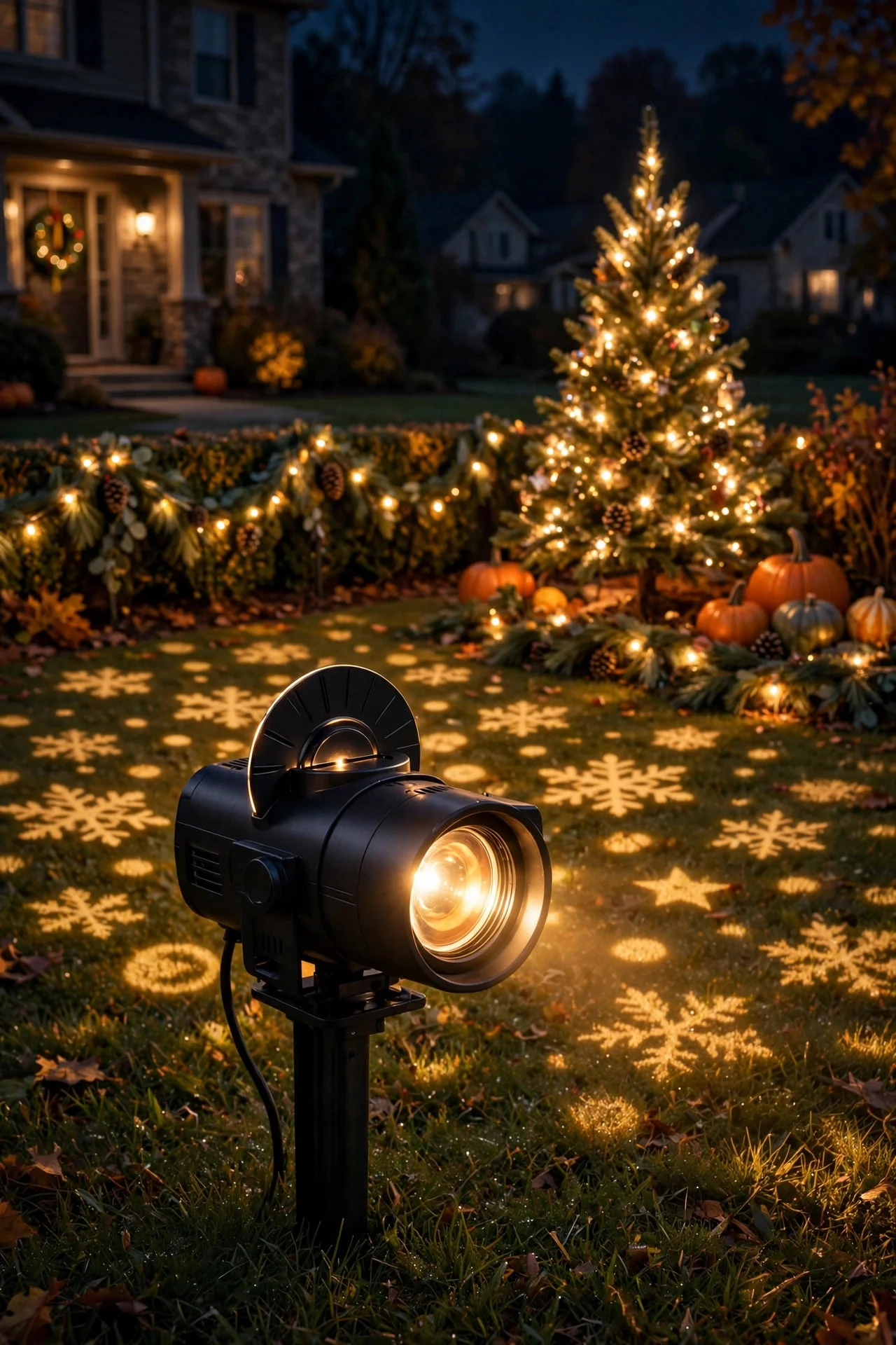 A swappable-disc projector glowing over a yard set up for the holidays