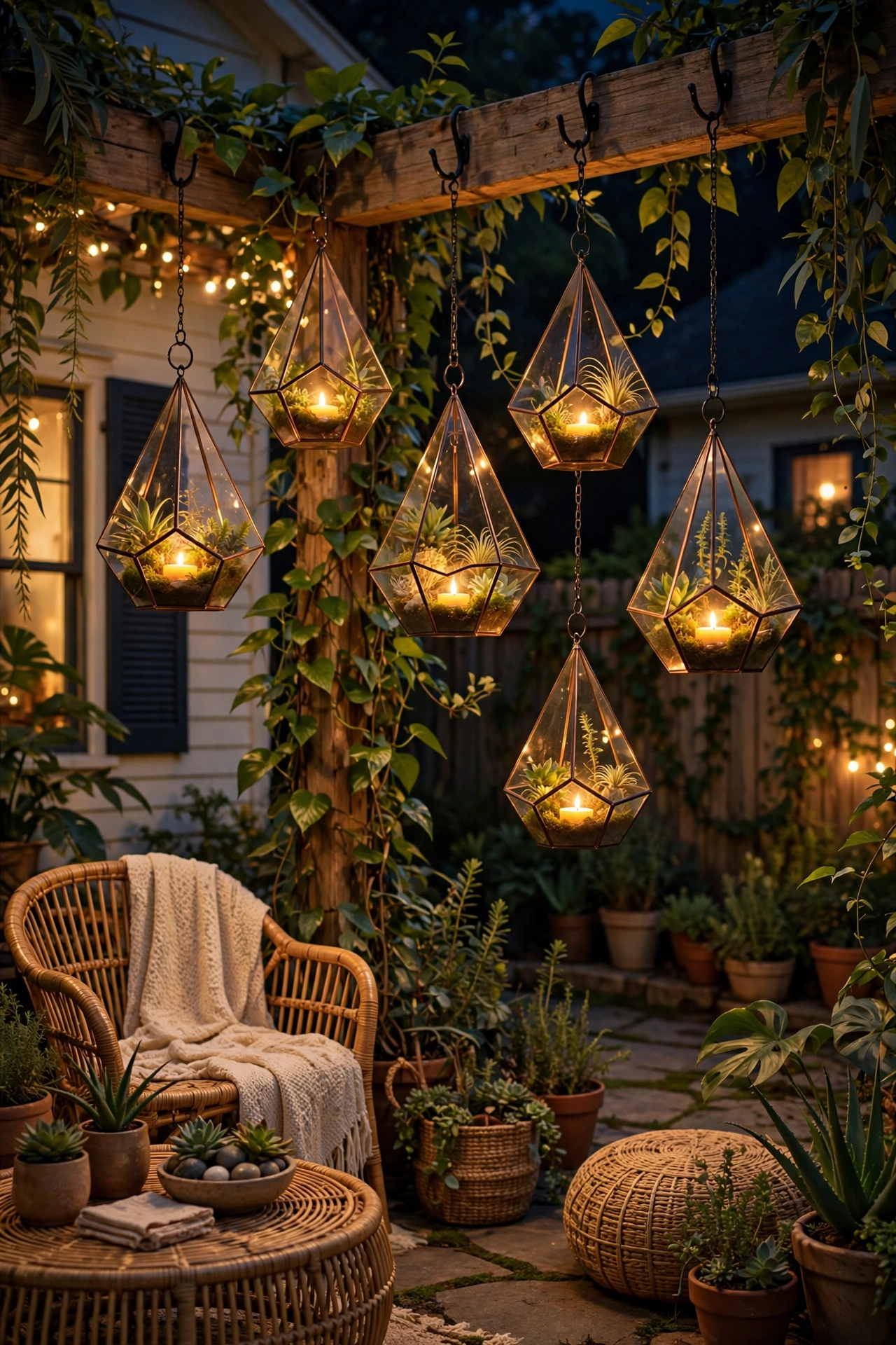 Glass geometric terrariums with tea lights hanging from hooks over a boho garden patio