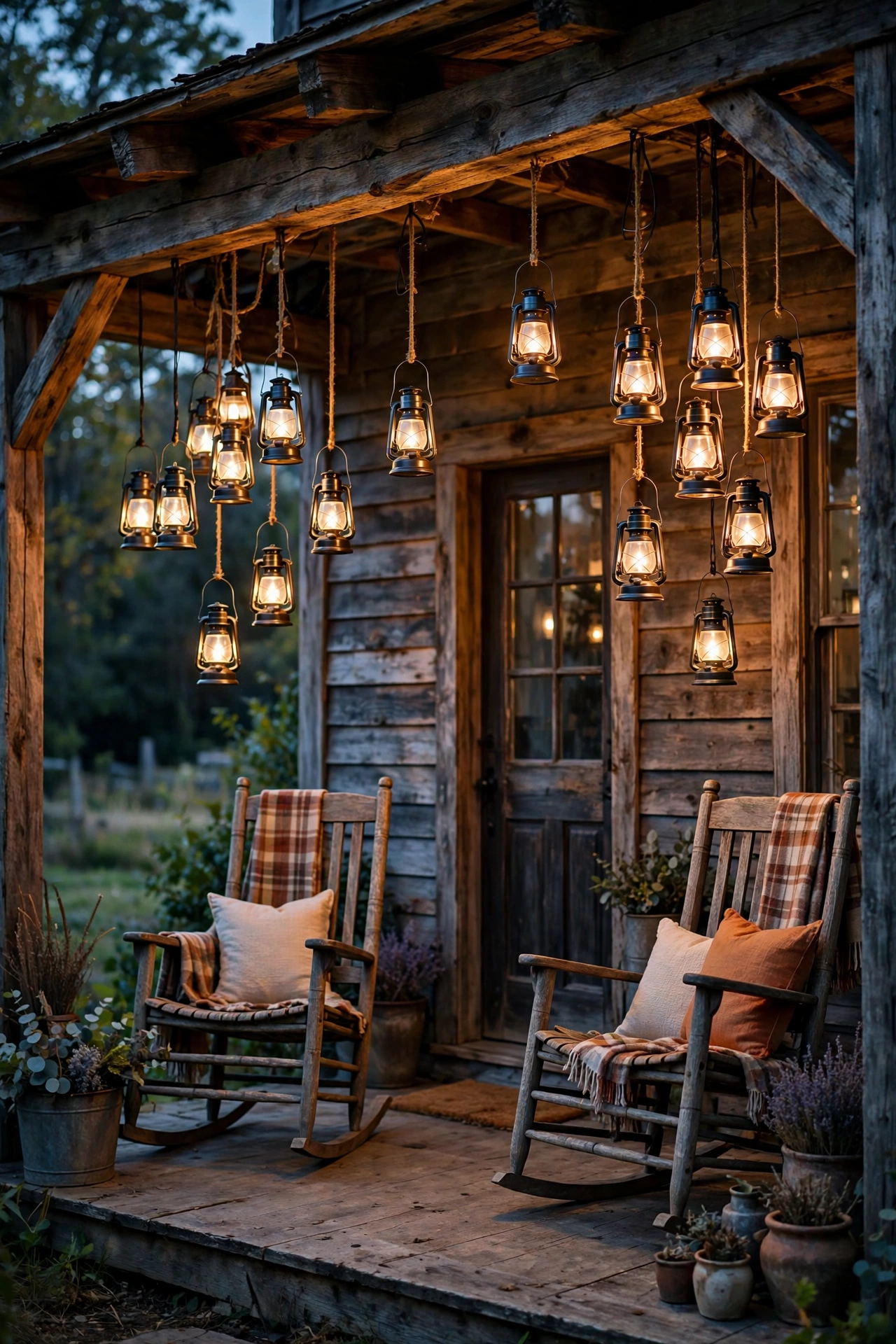 Cluster of three farmhouse lanterns hanging at staggered heights glowing over a porch corner