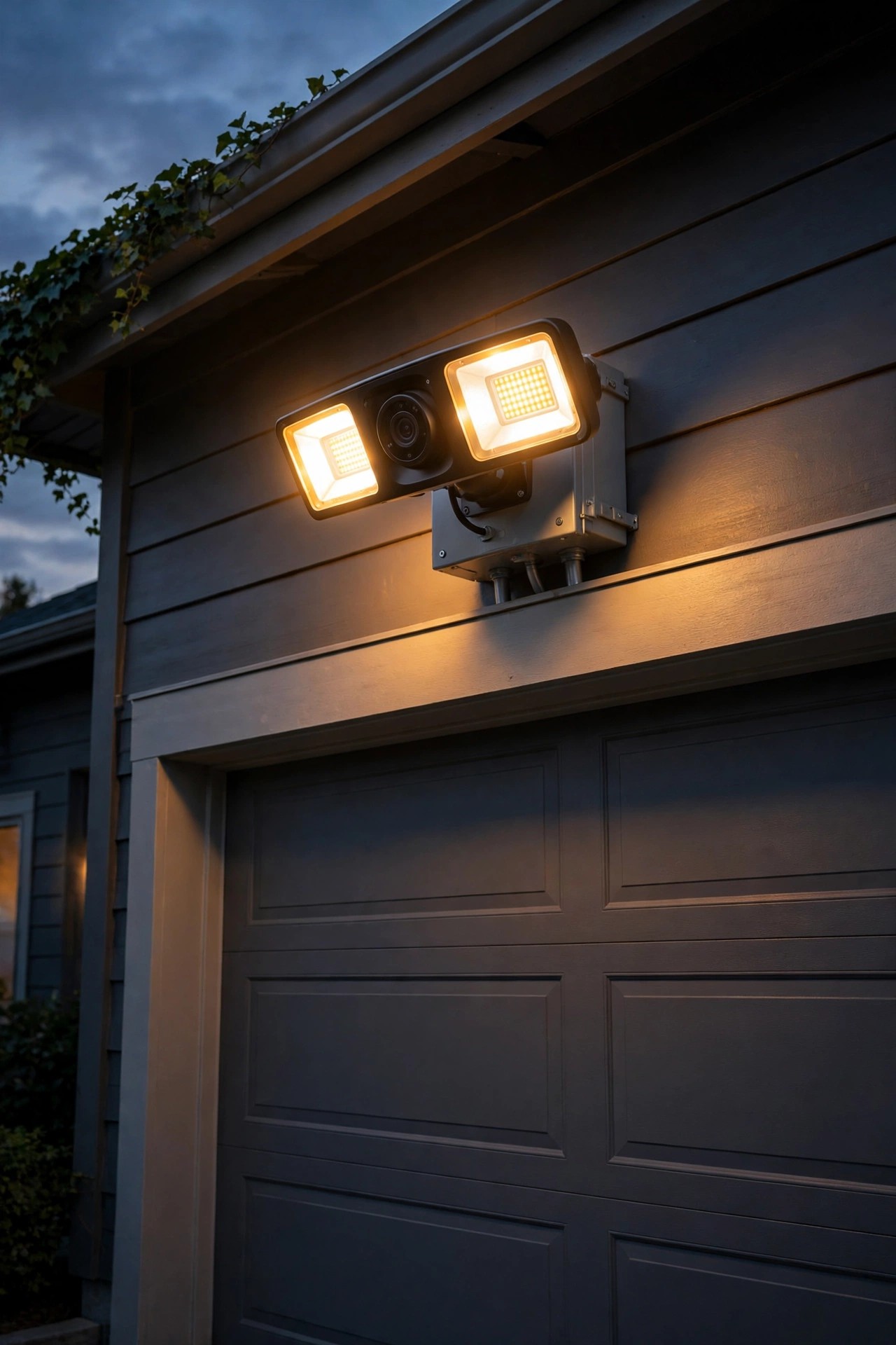 New hardwired flood light camera freshly mounted on a junction box above a garage door at dusk, warm heads glowing