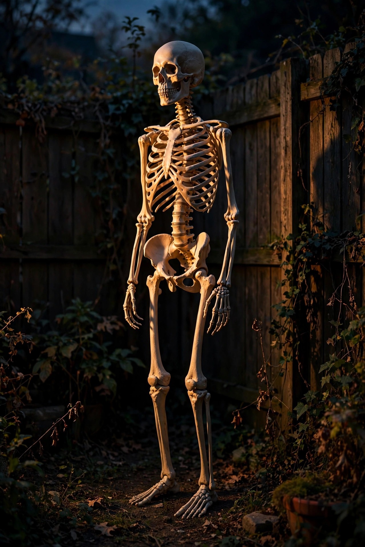 Tall skeleton figure dramatically spotlit from the side in a dark backyard corner