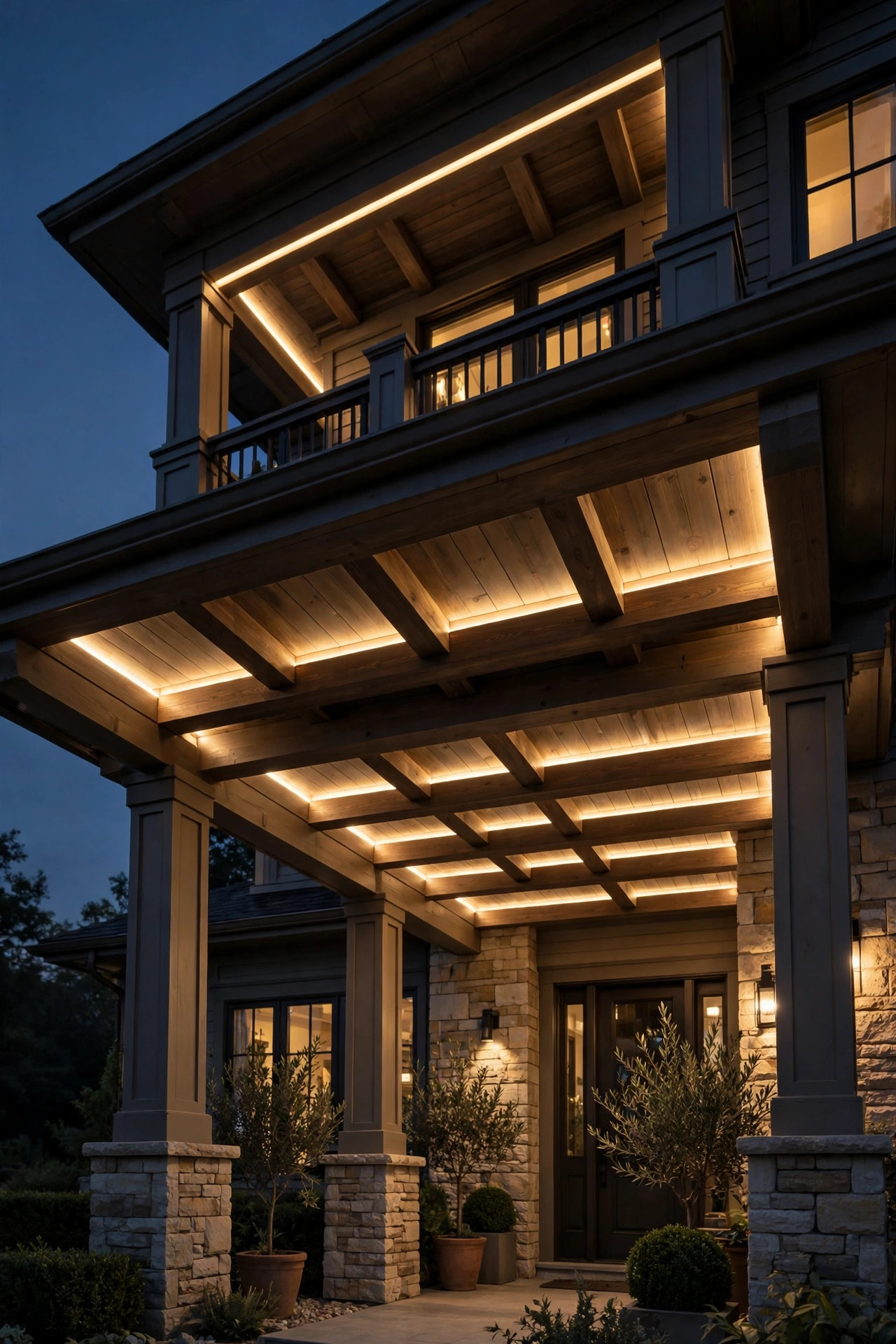 Hidden LED strip lighting glowing softly along the beams of a two-story portico ceiling at night