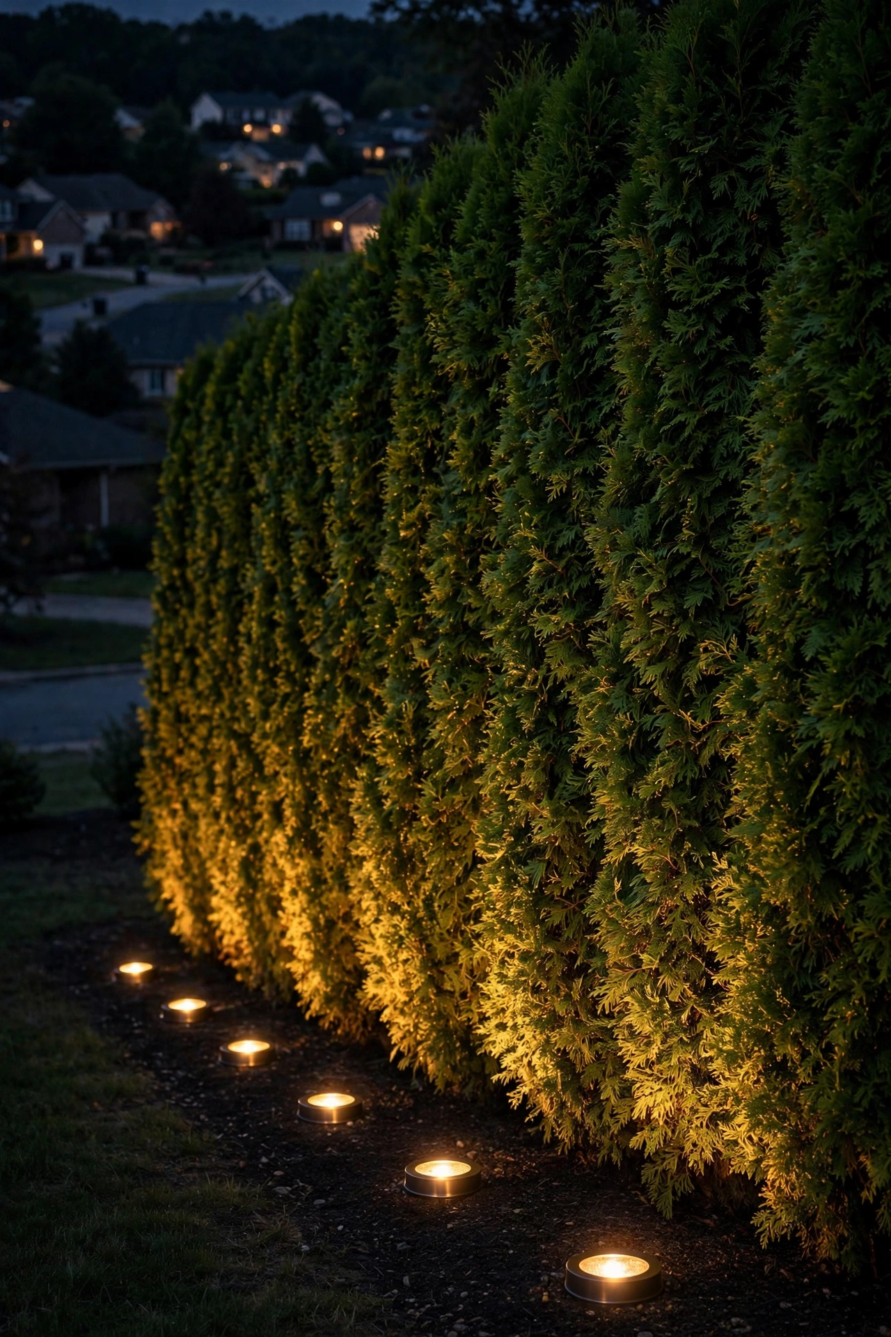In ground well lights landscape washing up a tall privacy hedge at night, soft warm glow