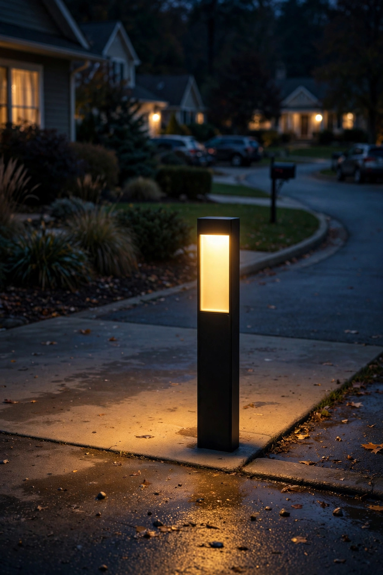 Driveway bollard light with illuminated house number panel near the street at night
