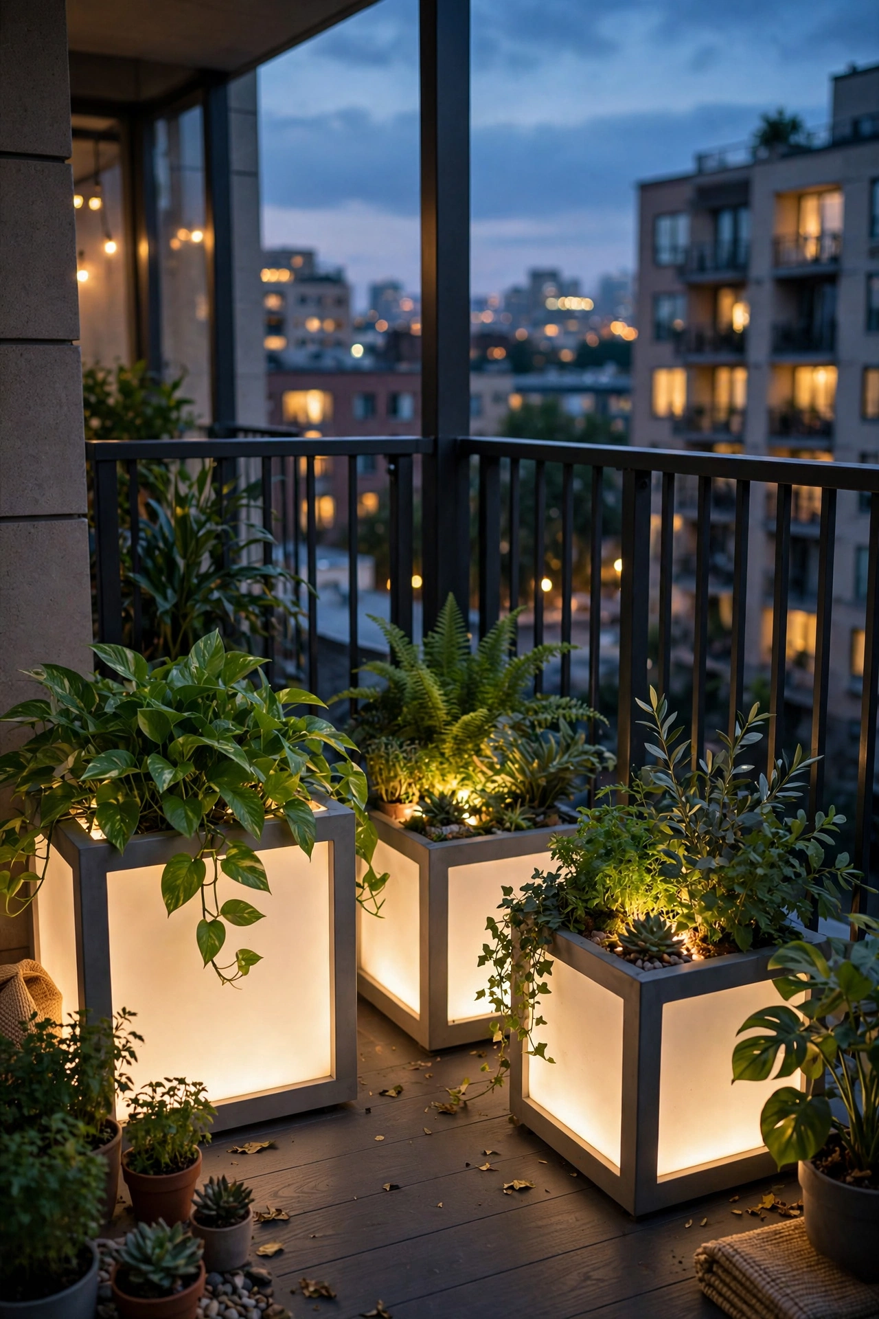 Planter pots with fairy lights glowing among plants on a balcony at night