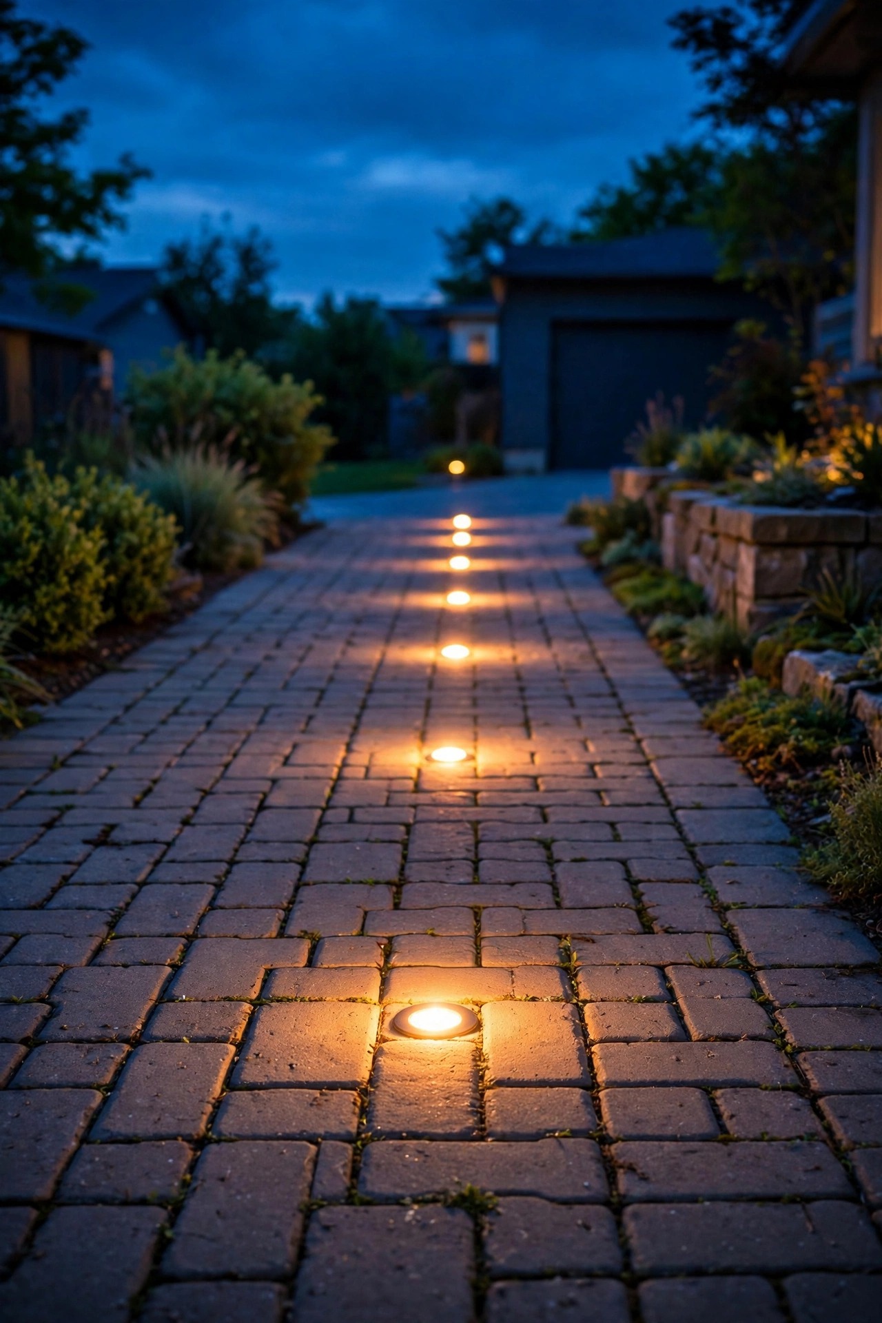 Flush in-ground solar lights set into a paver driveway glowing in a line at dusk