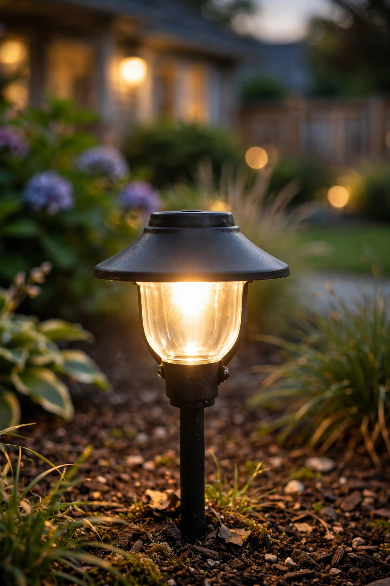 Homeowner wiping down a landscape path light fixture lens with a cloth during daytime maintenance