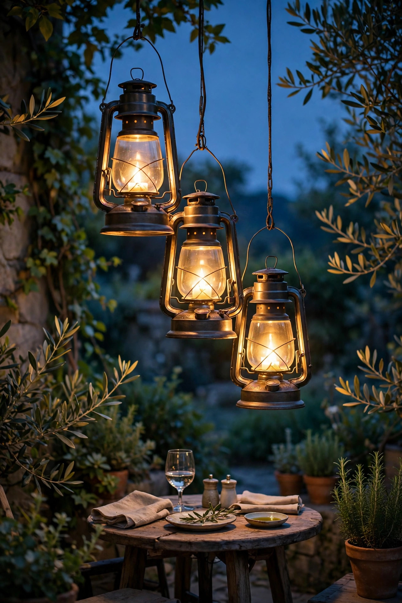 Cluster of three hanging lanterns at staggered heights over a small outdoor dining table at dusk