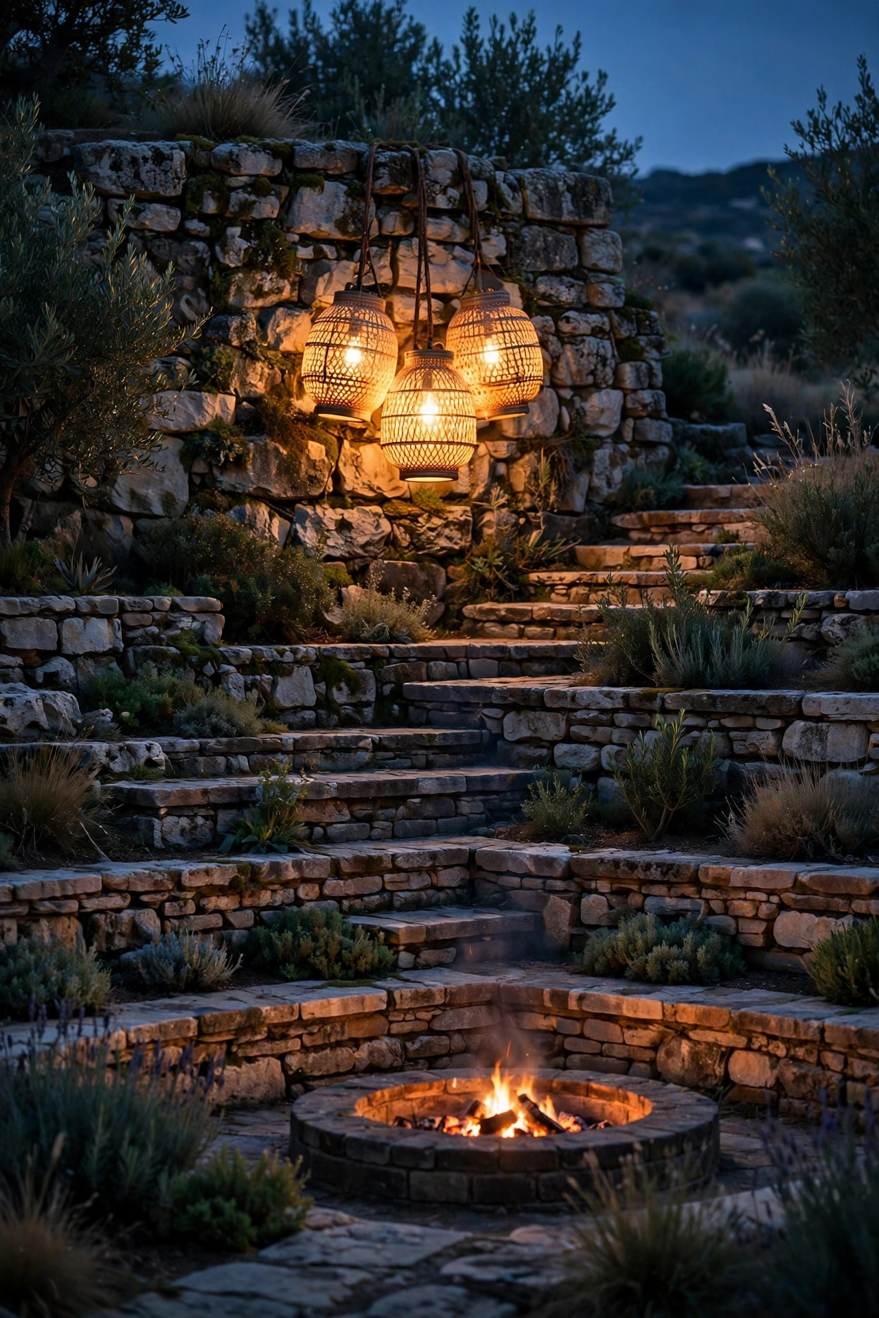 Cluster of three warm LED lanterns glowing on a stone wall between terraced seating levels around a fire pit