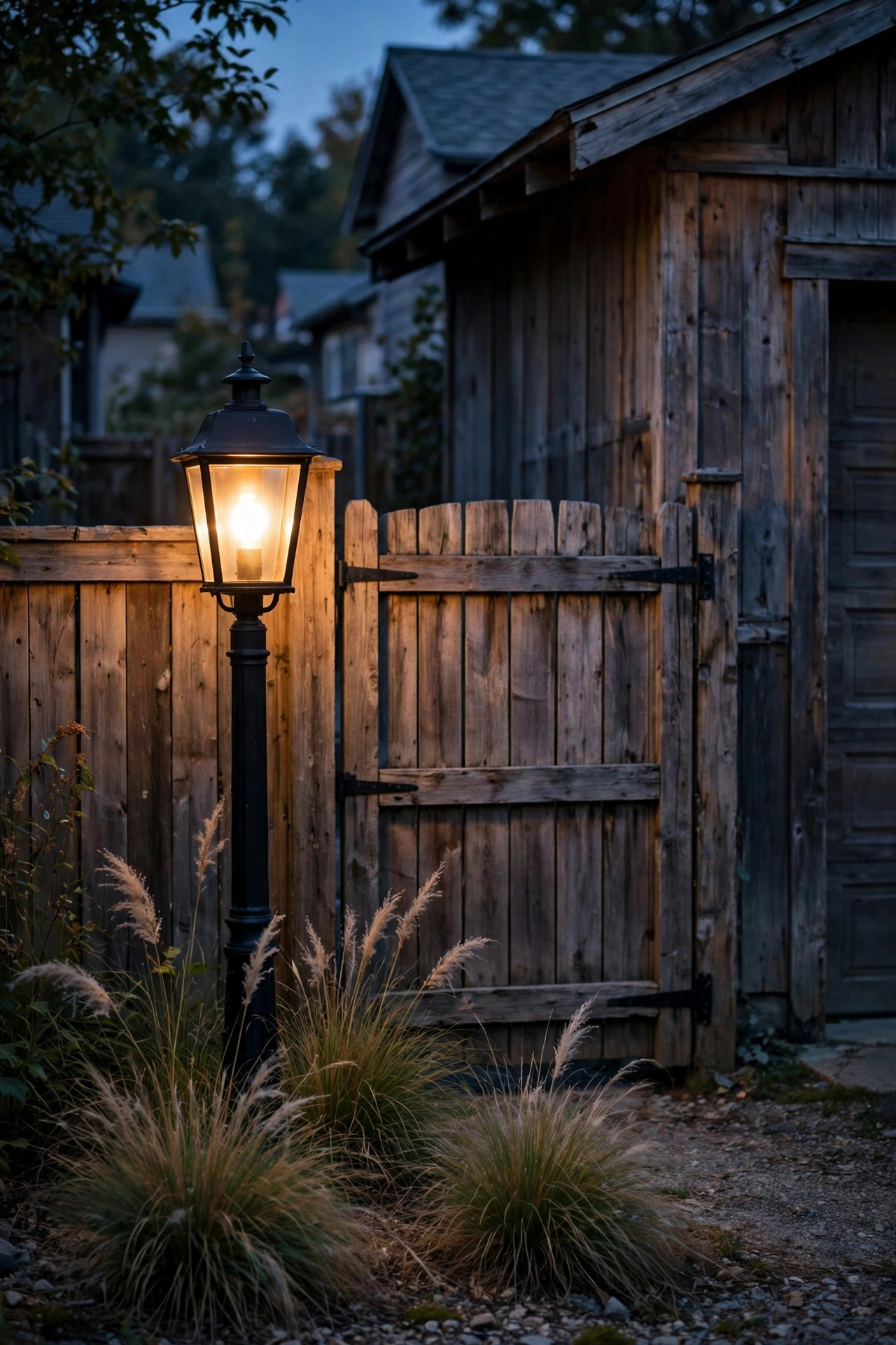 Classic black lantern post light glowing beside a wooden alley gate at the rear of a detached garage property