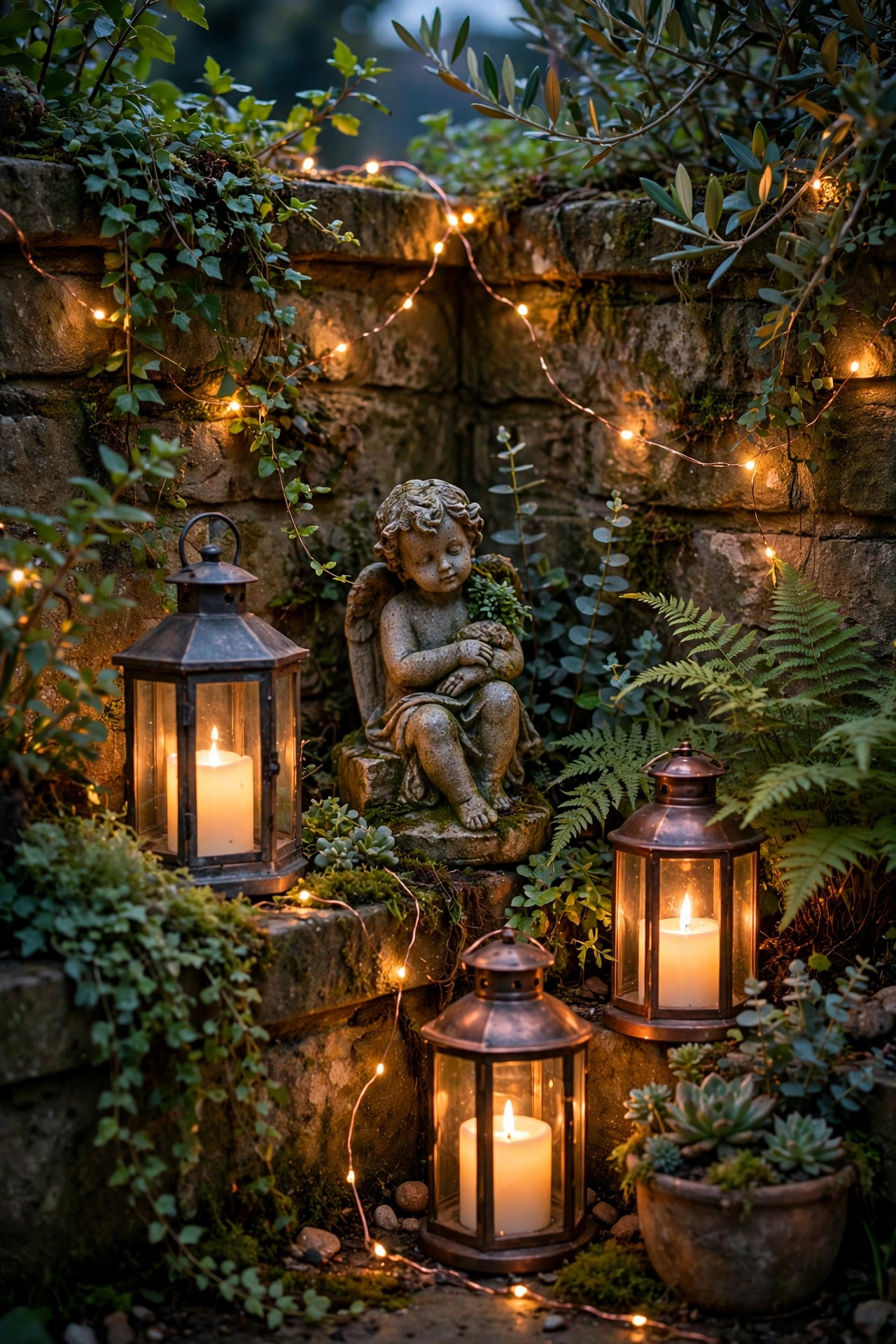 Small stone statue nestled in a cozy corner with flameless candle lanterns and copper fairy lights among plants