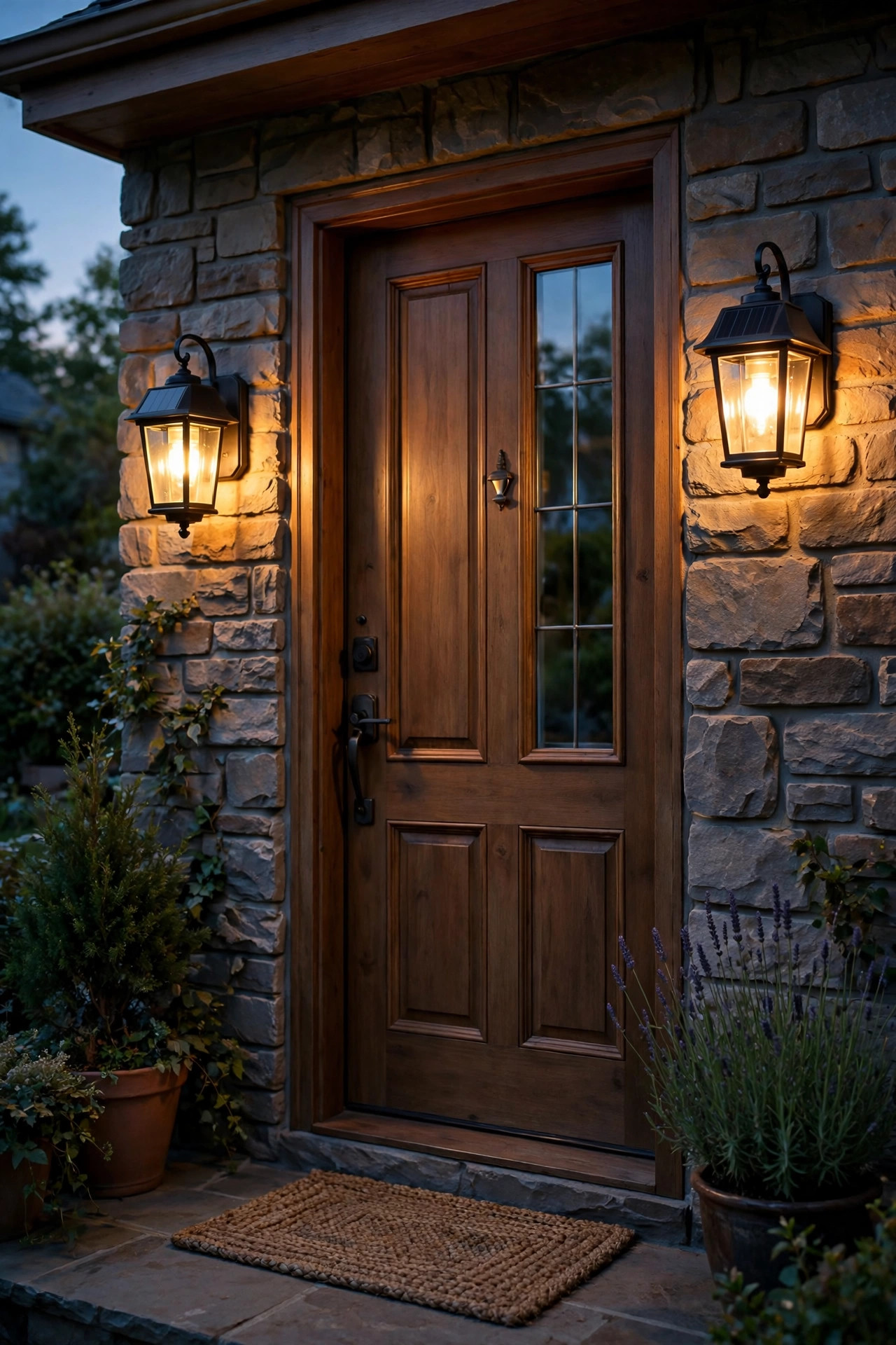 Solar lantern wall sconces mounted beside a front door glowing warm at dusk