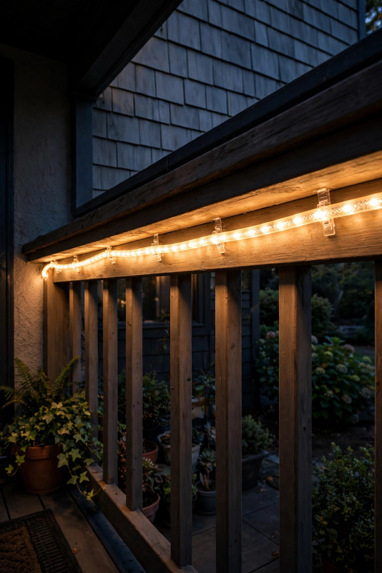 Warm LED rope light mounted with adhesive clips beneath a porch handrail at night
