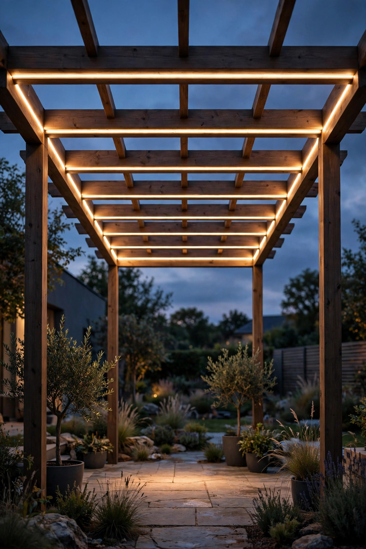 LED strip lights hidden along the inner beams of a freestanding pergola casting a smooth modern ribbon of warm light downward