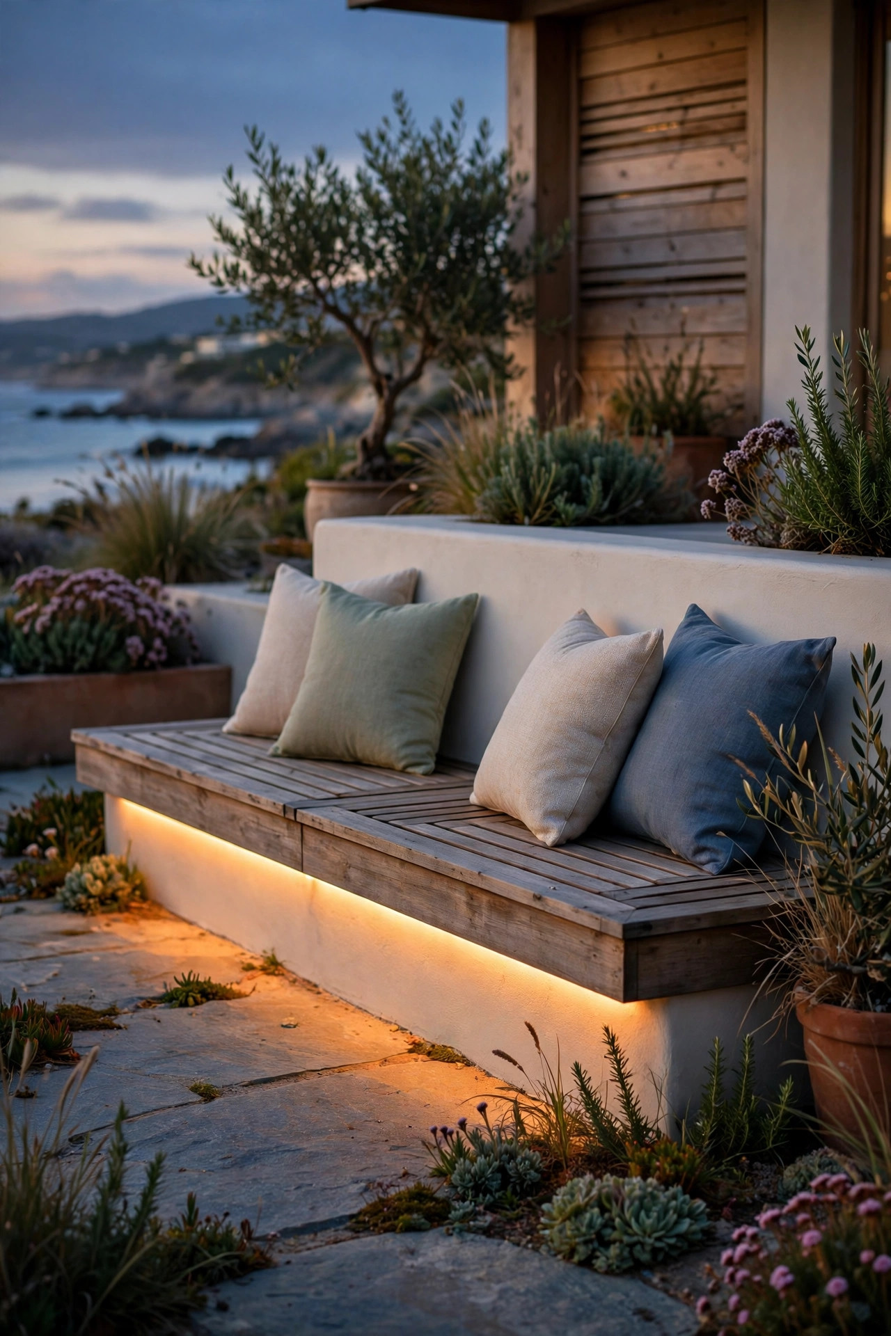 Warm LED strip light glowing beneath a built-in coastal patio bench