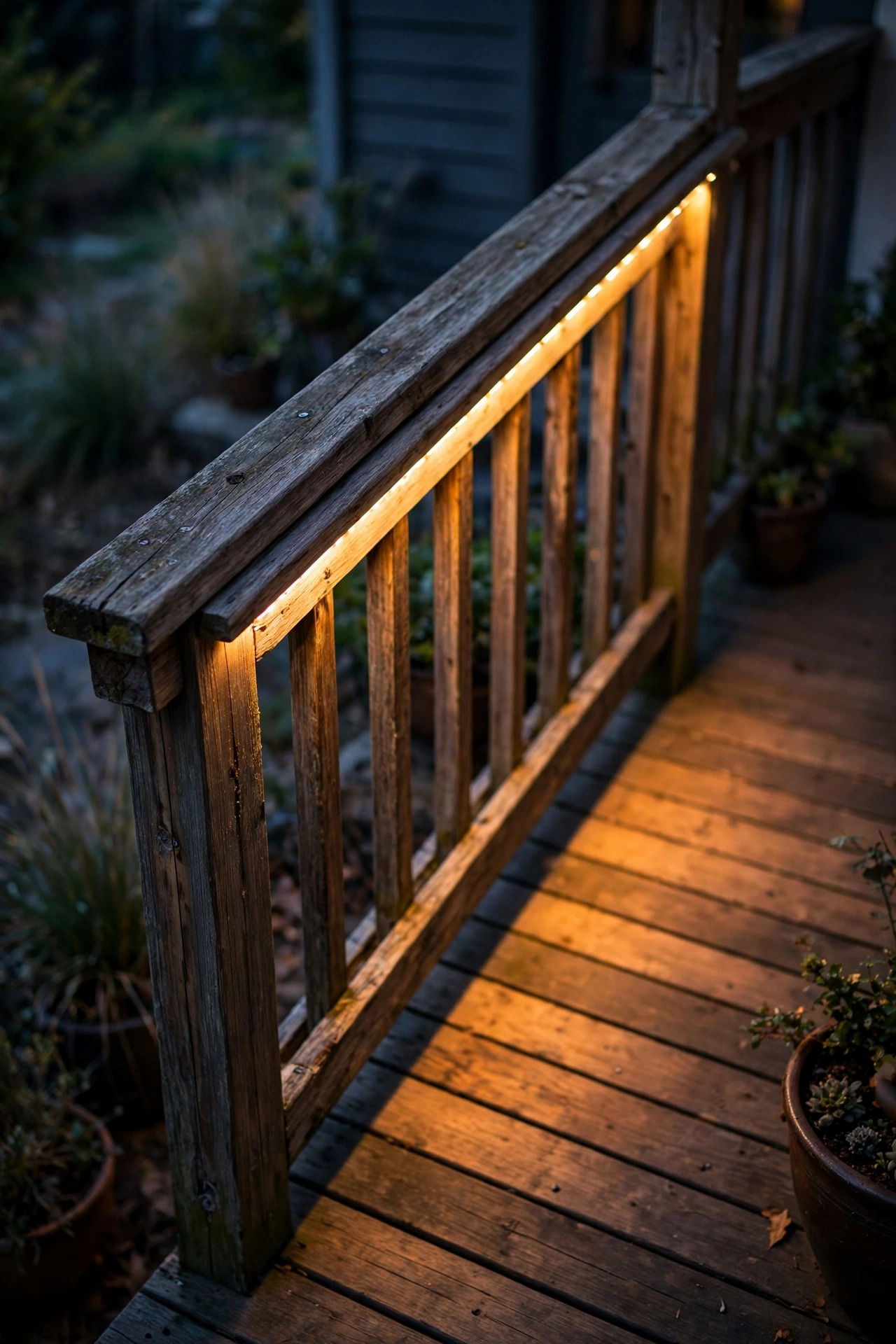 LED strip light hidden under a porch handrail washing the deck floor with warm light